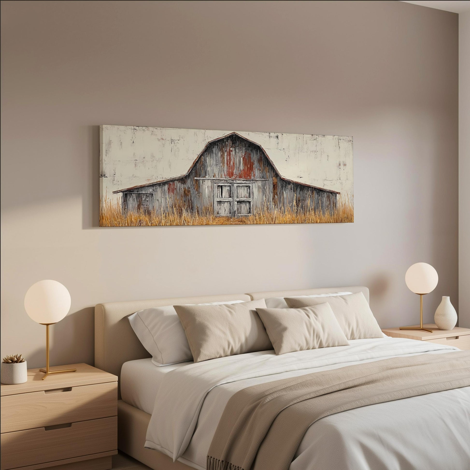 a bedroom with a large bed, two nightstands with lamps, and a painting of a barn on the wall above the bed.