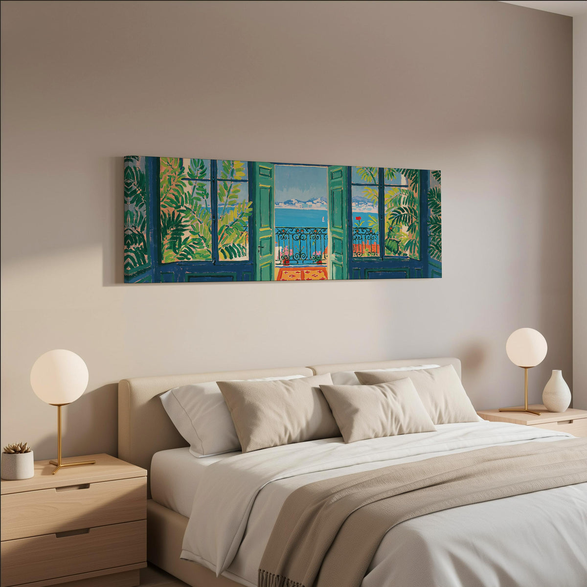 Riviera balcony view through open windows wide panoramic canvas print above a bed in a neutral bedroom