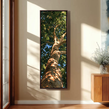Sunlit tree trunk and summer canopy long vertical canvas print in a sunlit living space