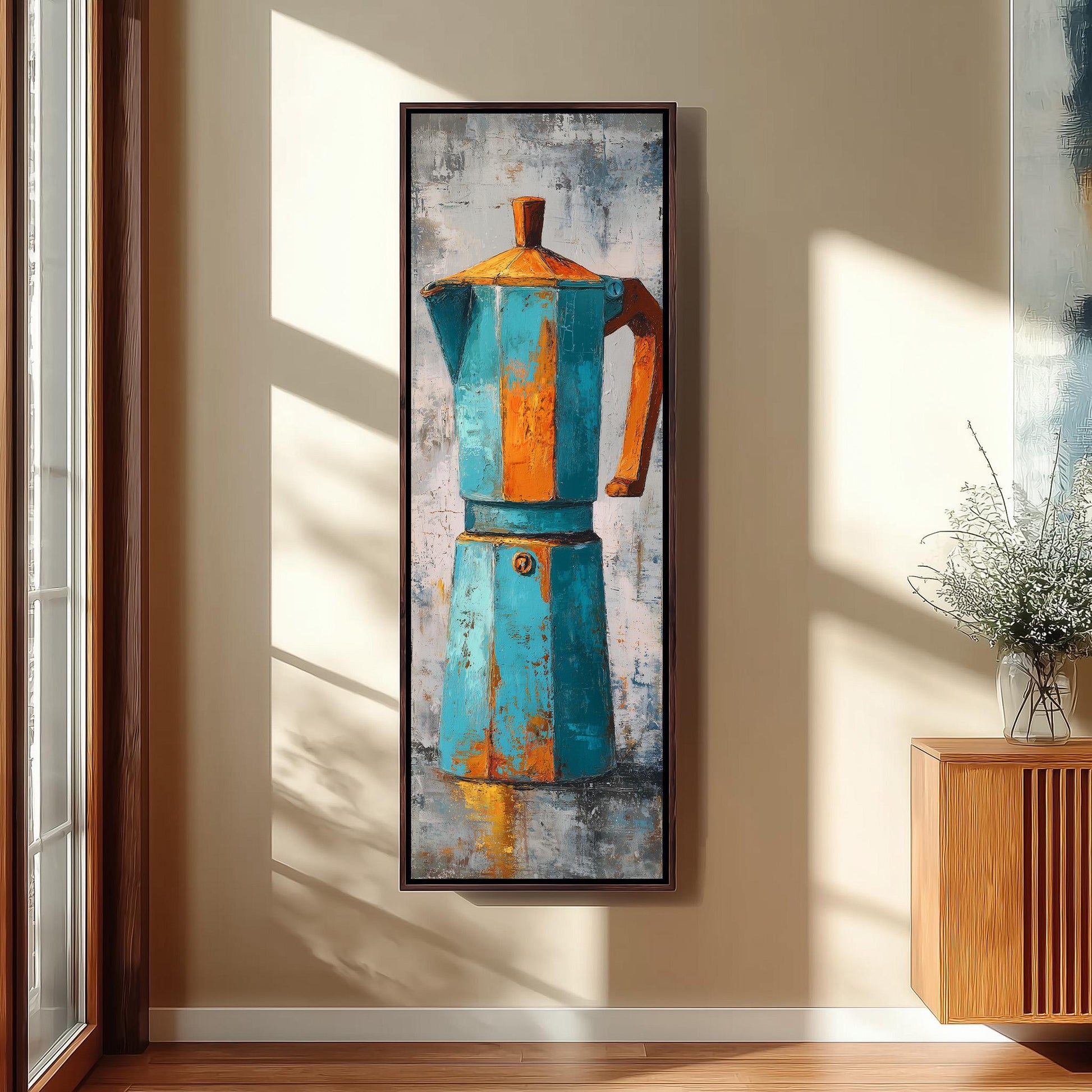 a large, colorful painting of a blue and orange coffee maker hanging on a wall.