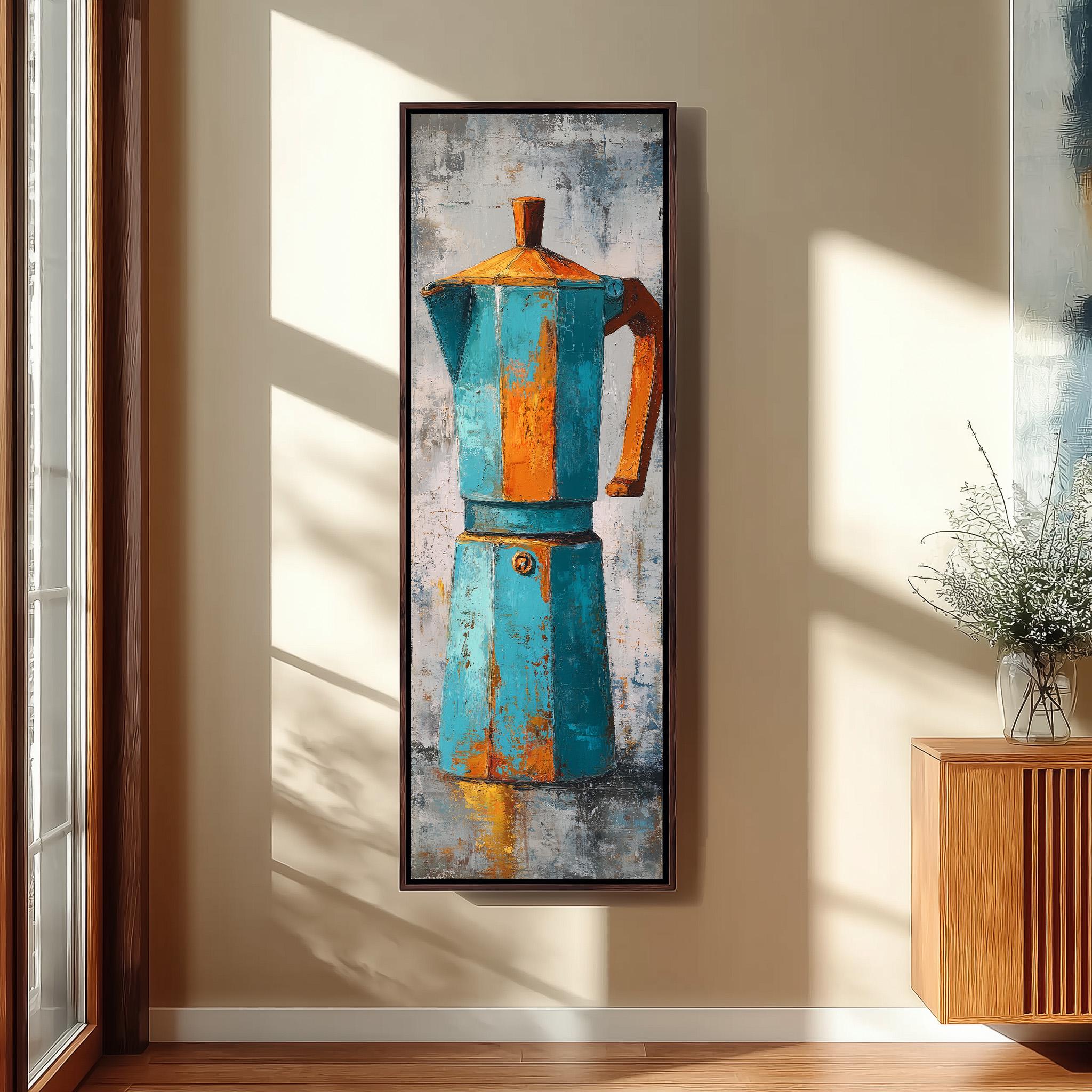 a large, colorful painting of a blue and orange coffee maker hanging on a wall.