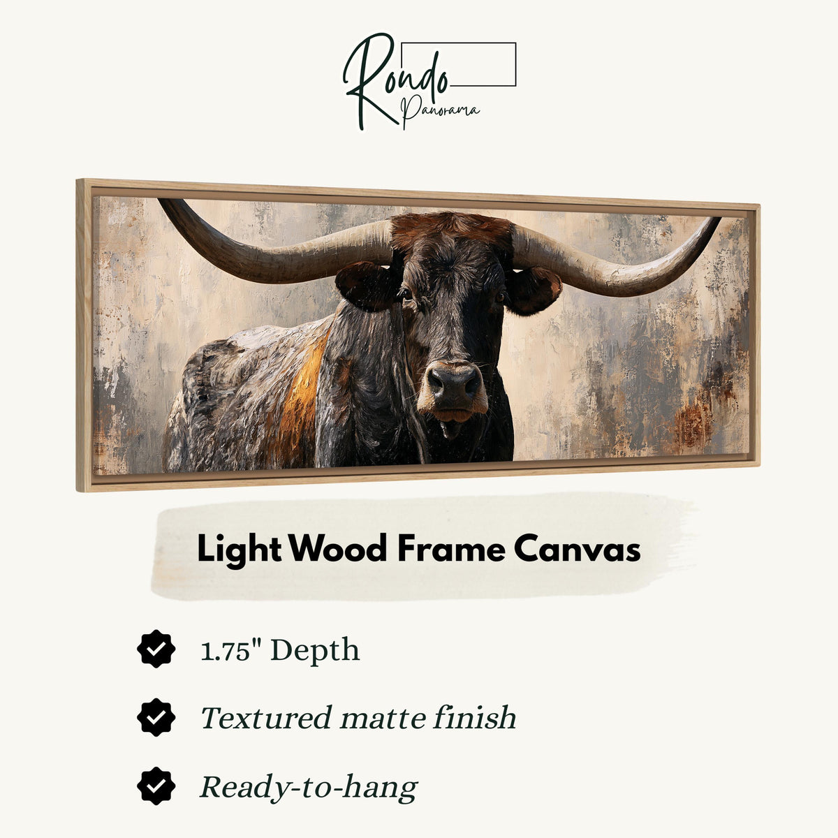 Longhorn bull portrait canvas print in a light wood floating frame