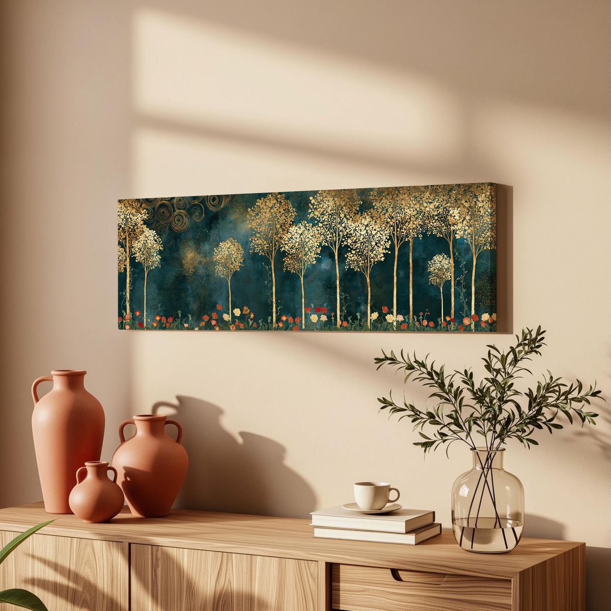 Gold leaf trees above red poppies on teal long horizontal canvas print above a wooden sideboard
