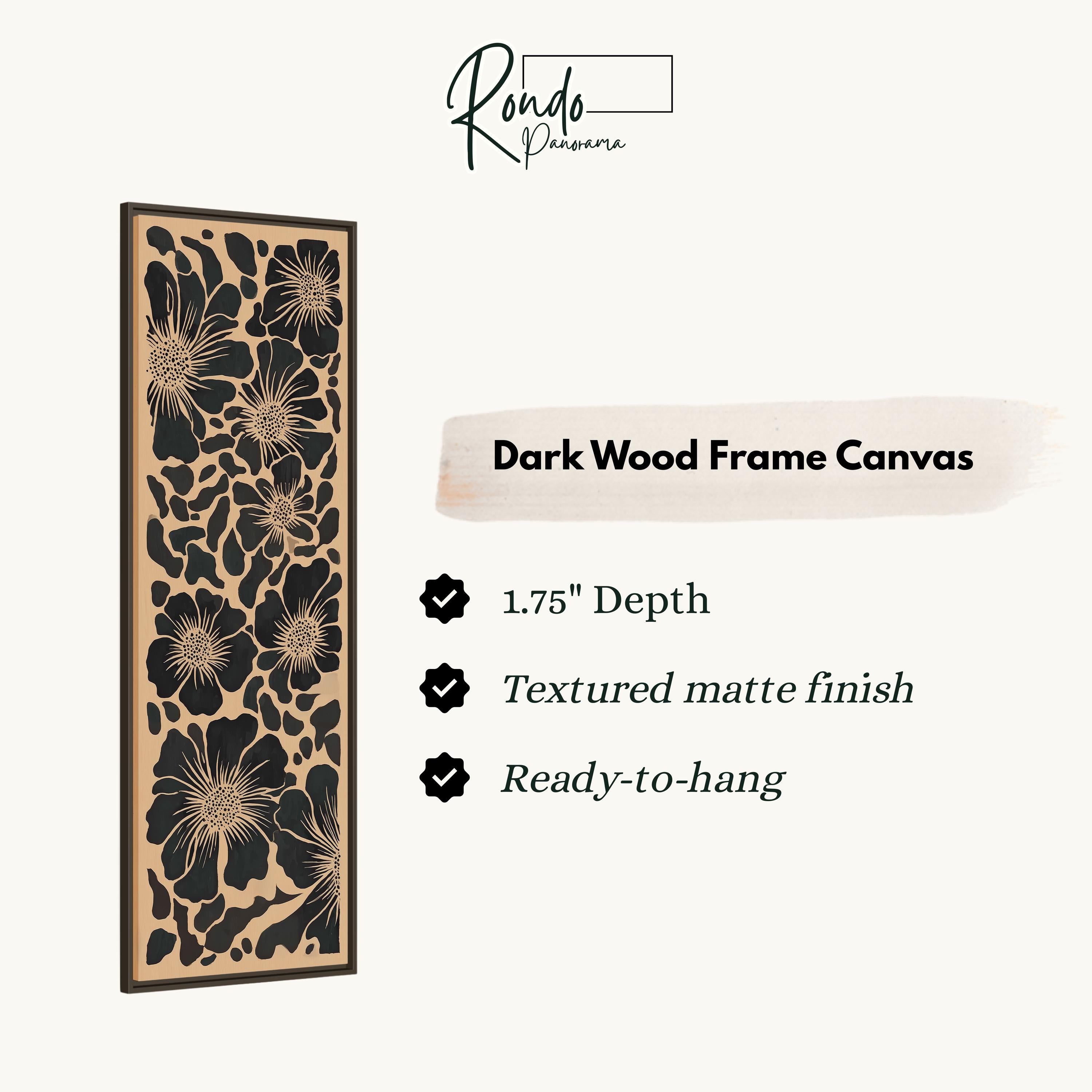 a dark wood frame canvas with a floral pattern, and it is described as a 1.75" depth canvas with a textured matte finish and a ready-to-hang feature.