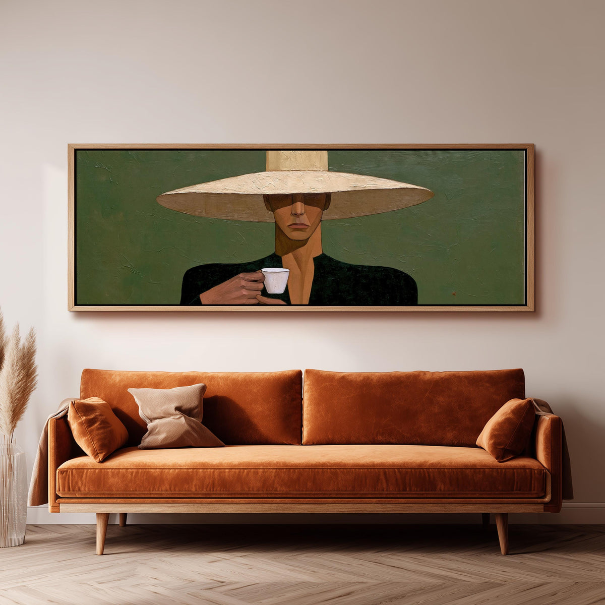 Shadowed woman in a sun hat with espresso long horizontal canvas print above a sofa in a living room