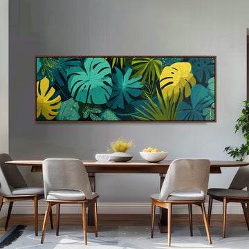 a dining room with a large, colorful painting of tropical plants hanging on the wall above a wooden dining table with four chairs.