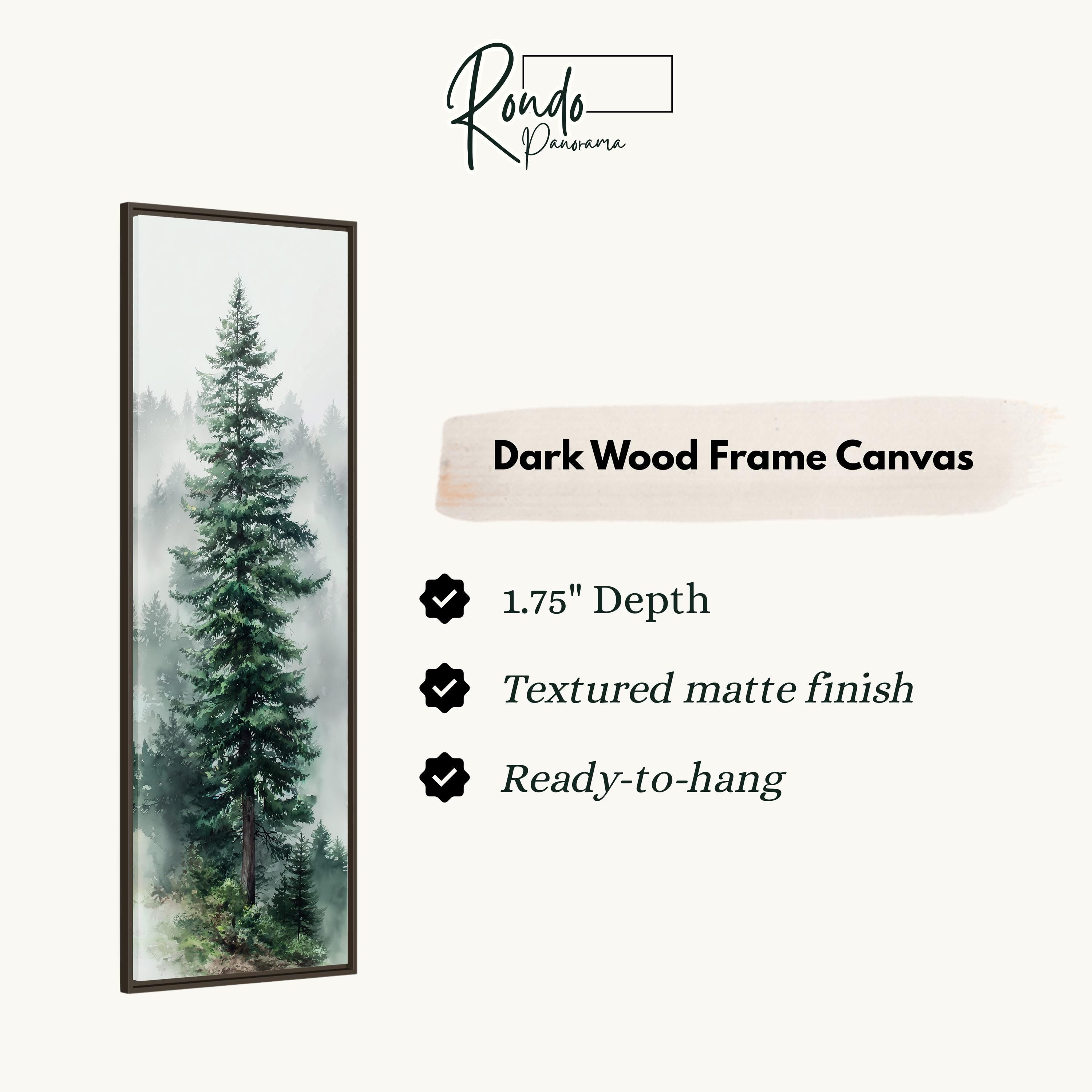 The image is a dark wood frame canvas depicting a tall pine tree in a misty forest.