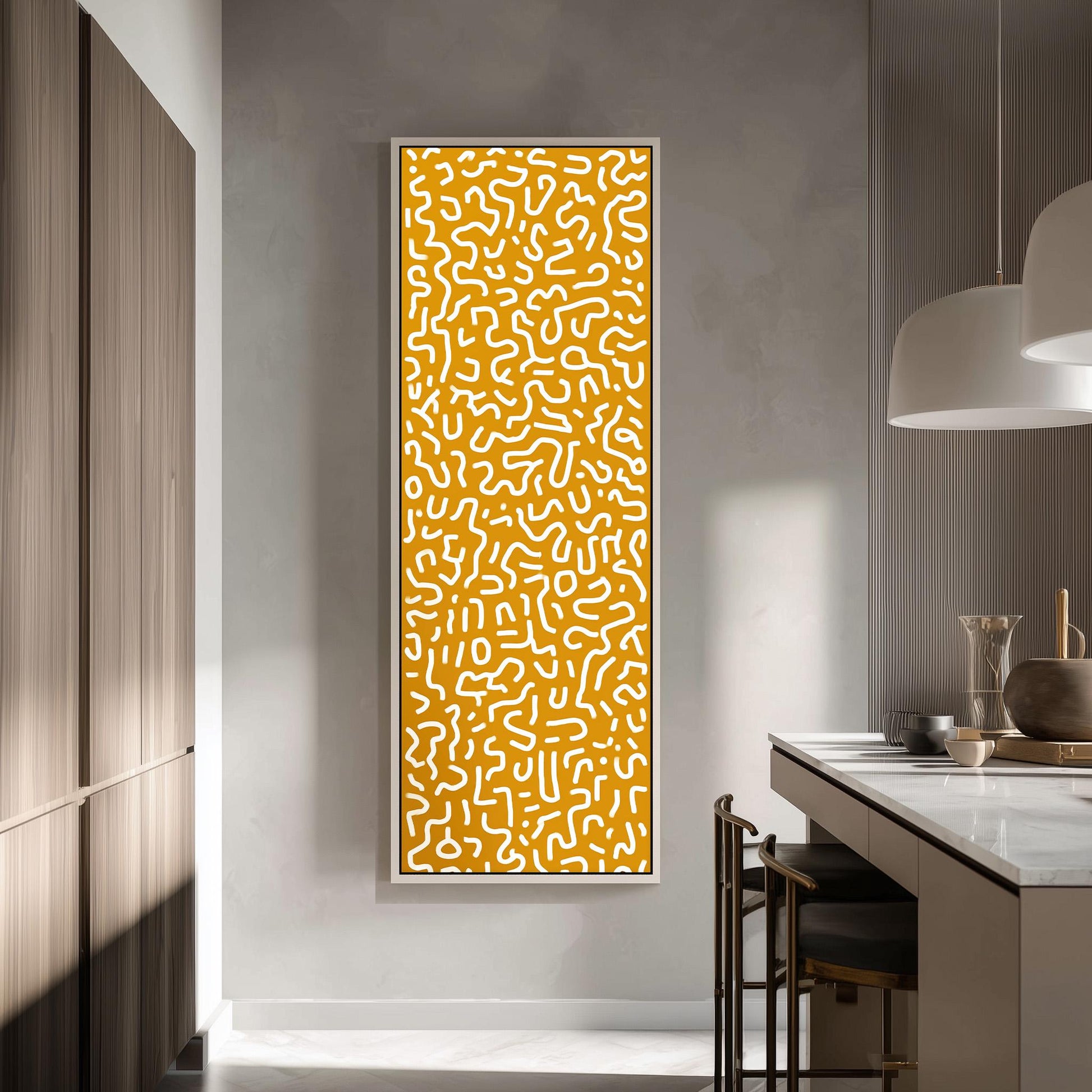 a modern kitchen with a large, abstract orange and white patterned artwork hanging on the wall.