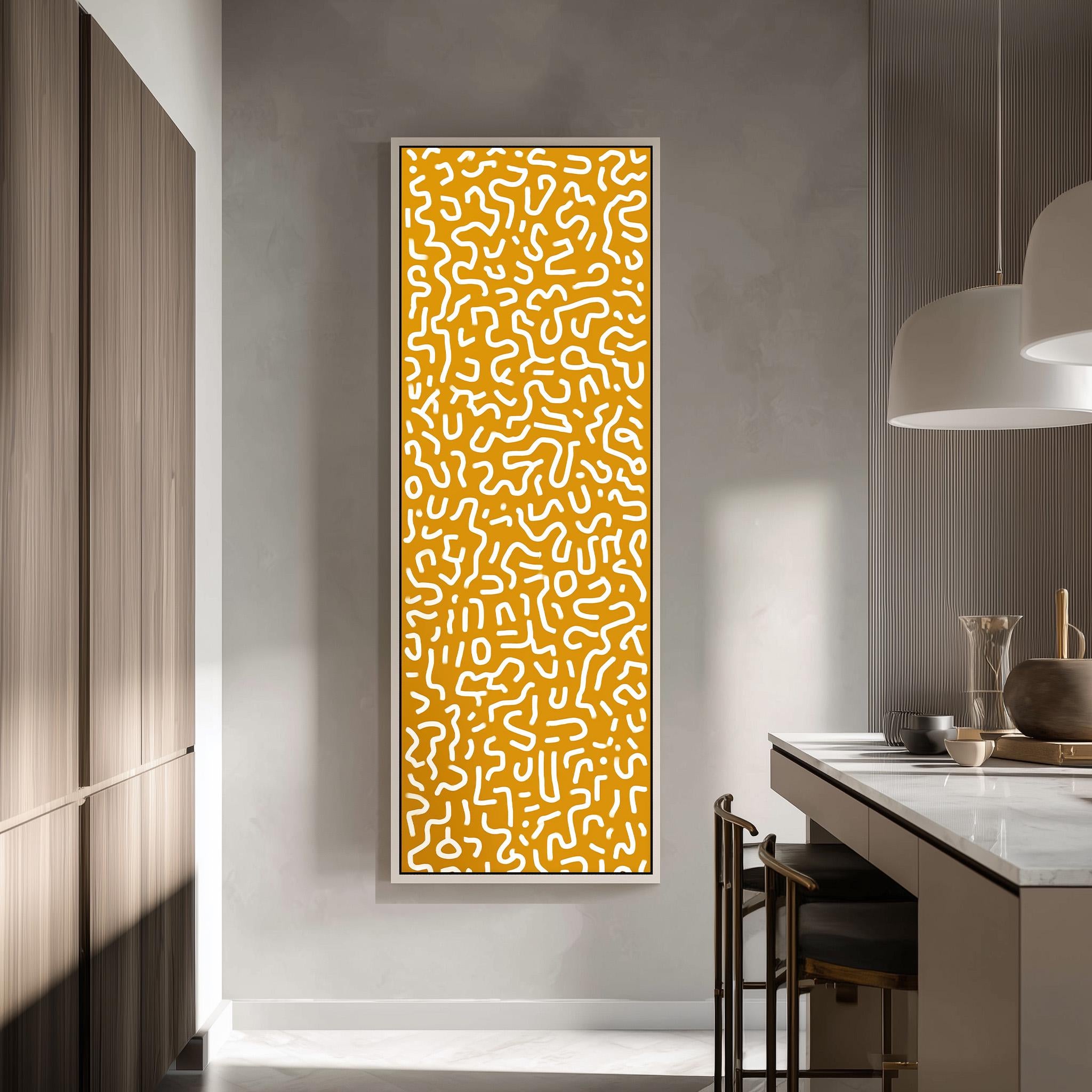 a modern kitchen with a large, abstract orange and white patterned artwork hanging on the wall.