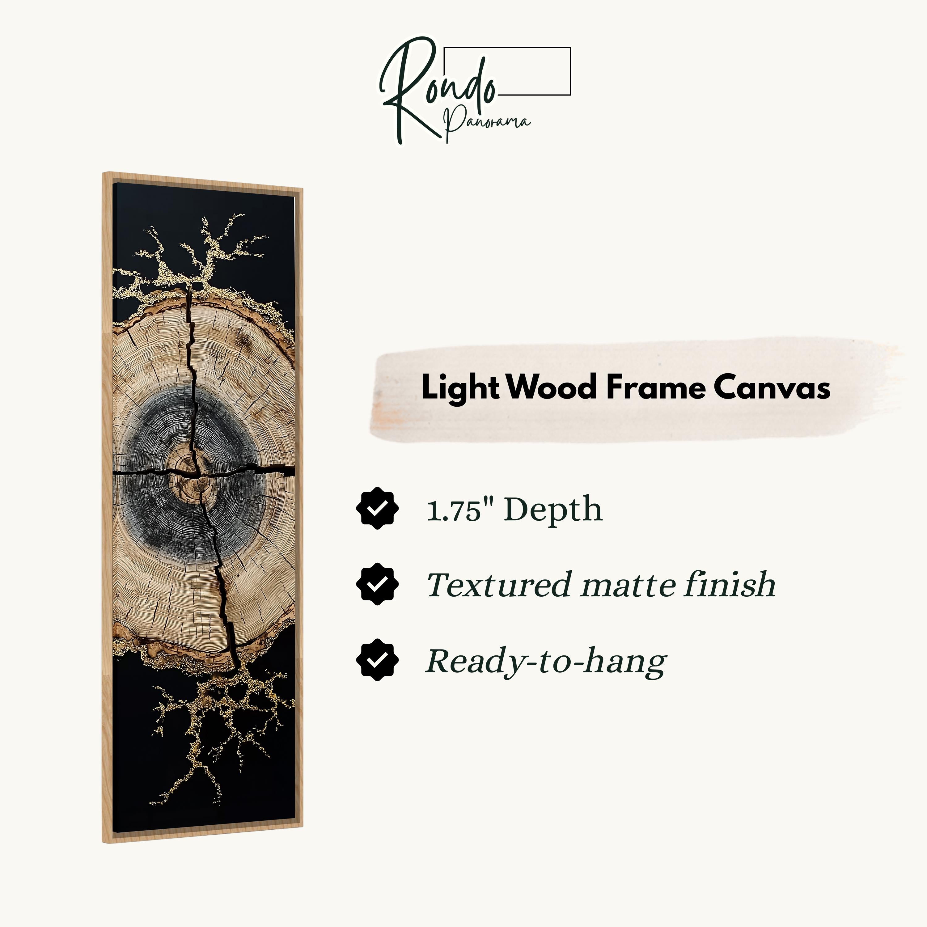 The image is a vertical piece of artwork featuring a light wood frame canvas with a tree trunk design. The canvas has a 1.75" depth and is textured with a matte finish, making it ready to hang.