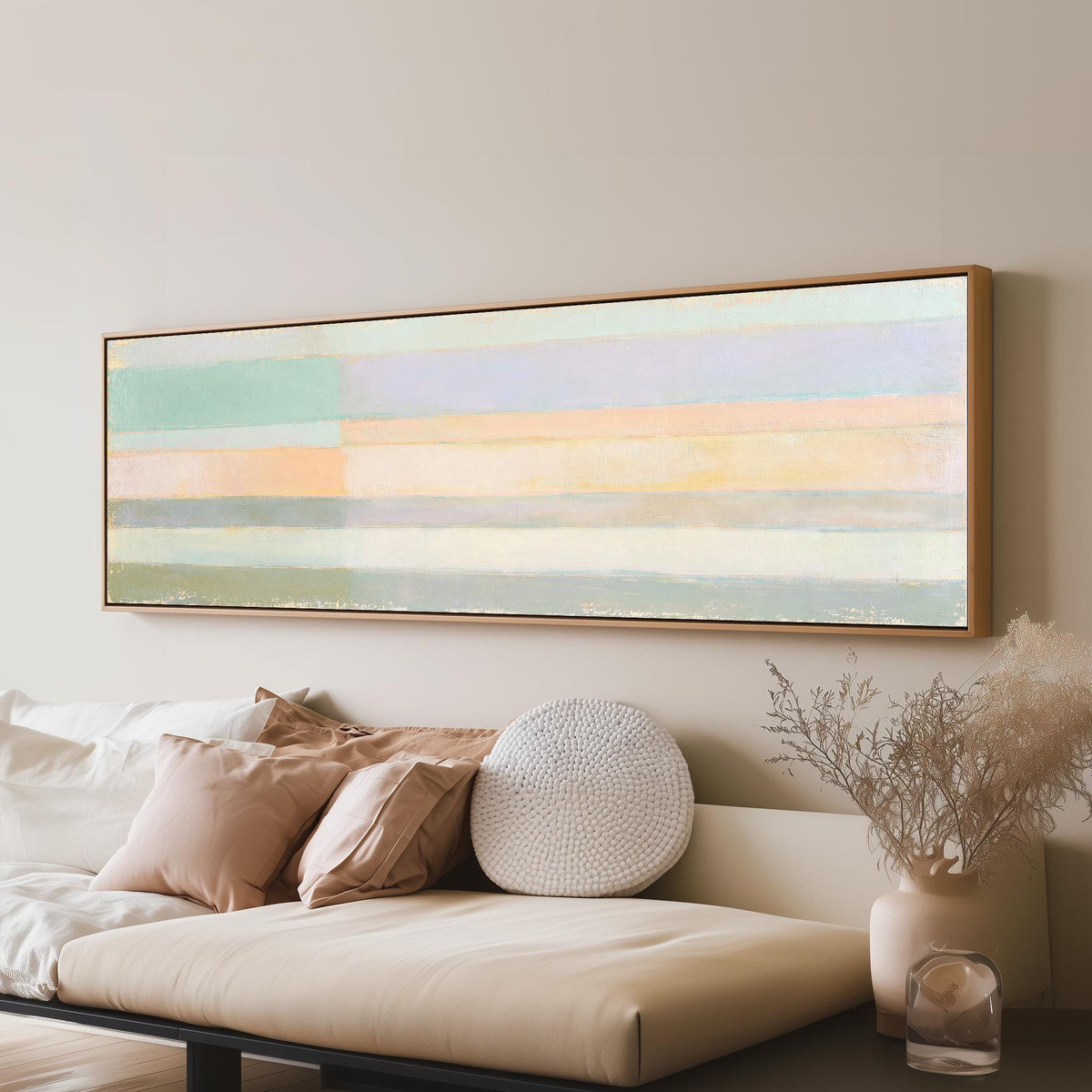 Mint, lavender and peach pastel bands long horizontal canvas print above a sofa in a living room