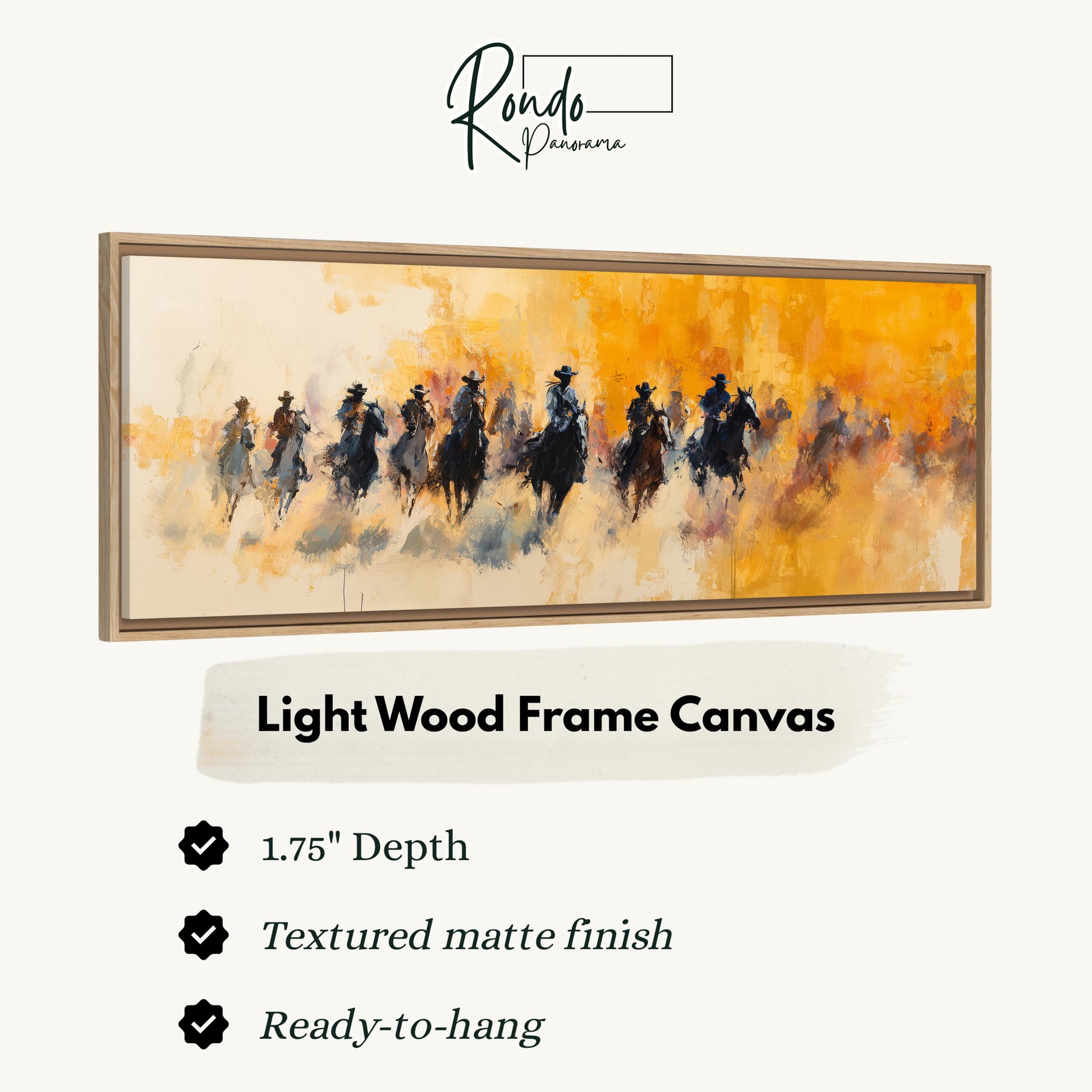 The image is a framed artwork depicting a group of people riding horses, with a textured finish and a light wood frame.