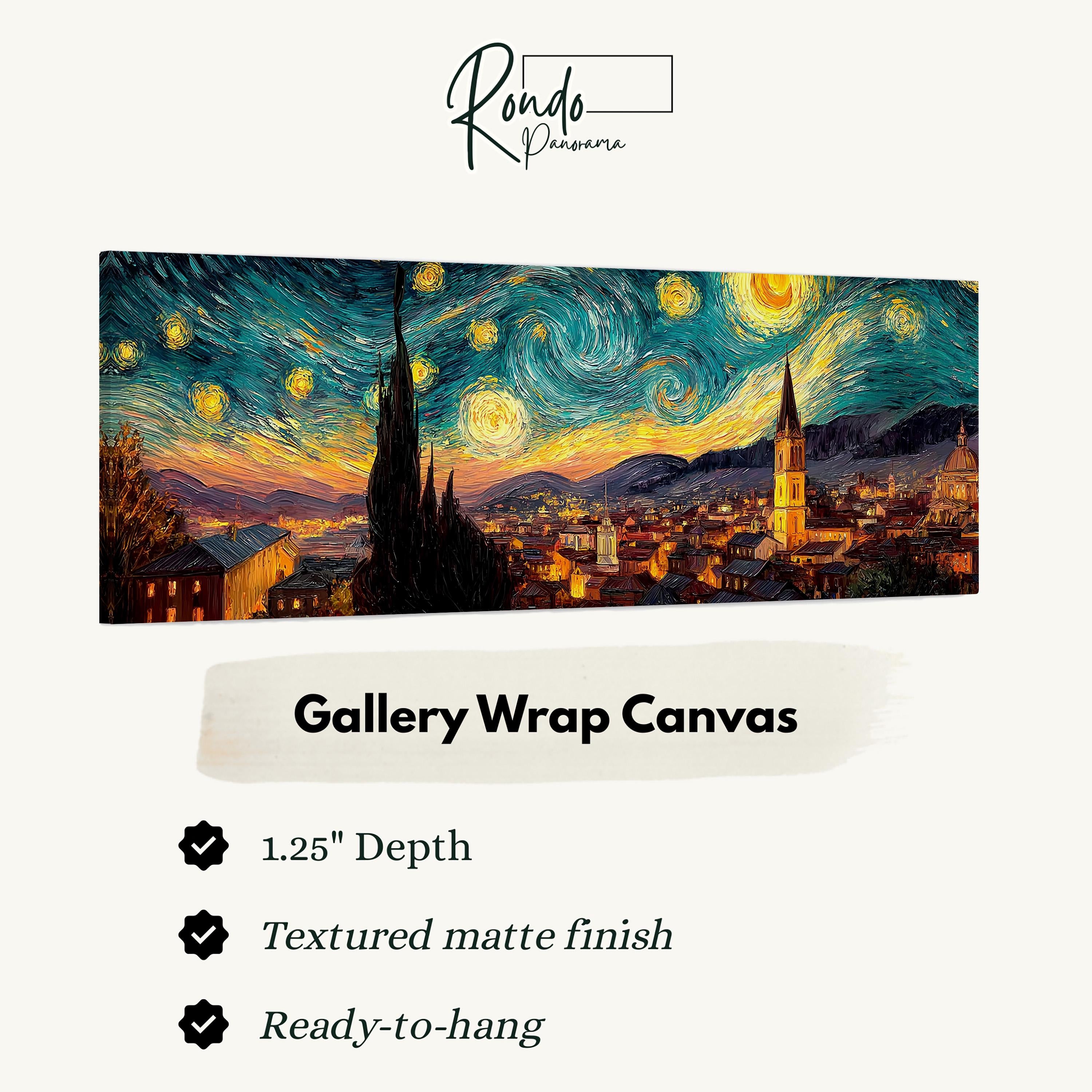 The image is a painting of a cityscape with a starry night sky in the background.