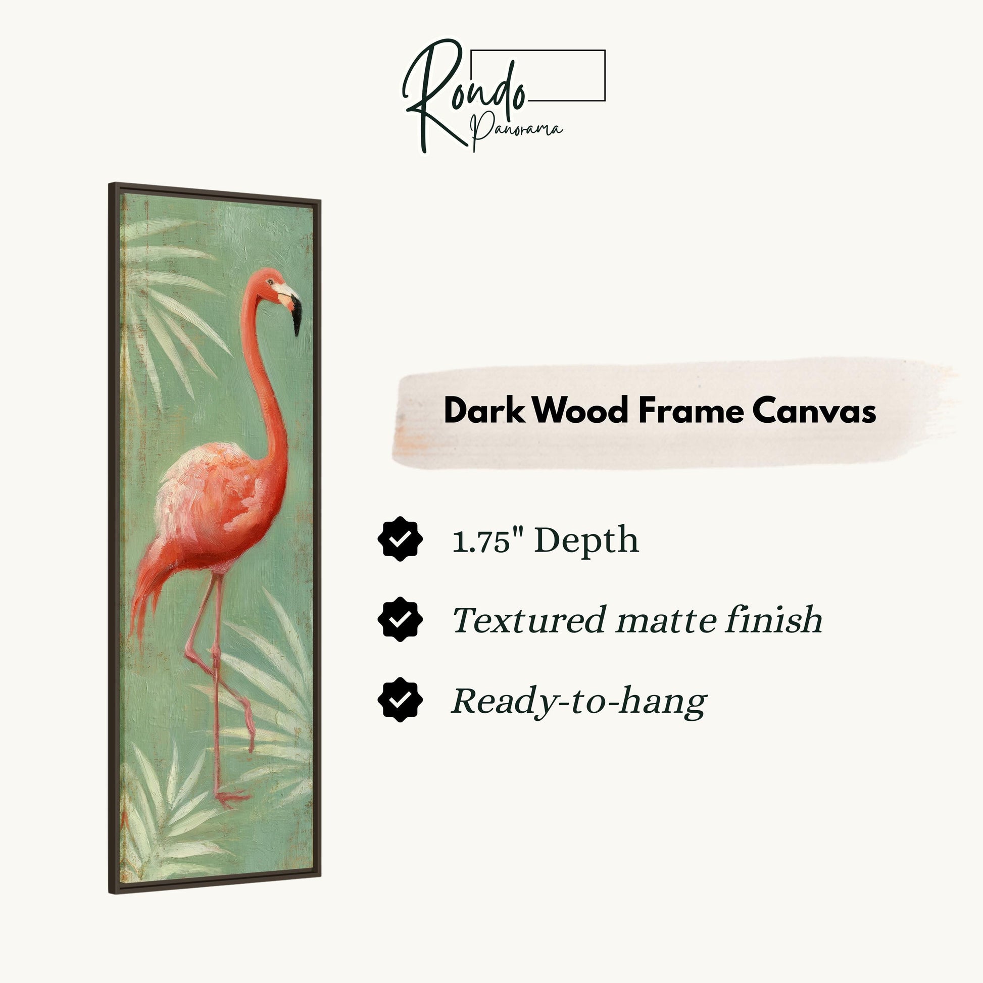 a framed artwork of a flamingo standing on one leg against a green background with palm leaves.