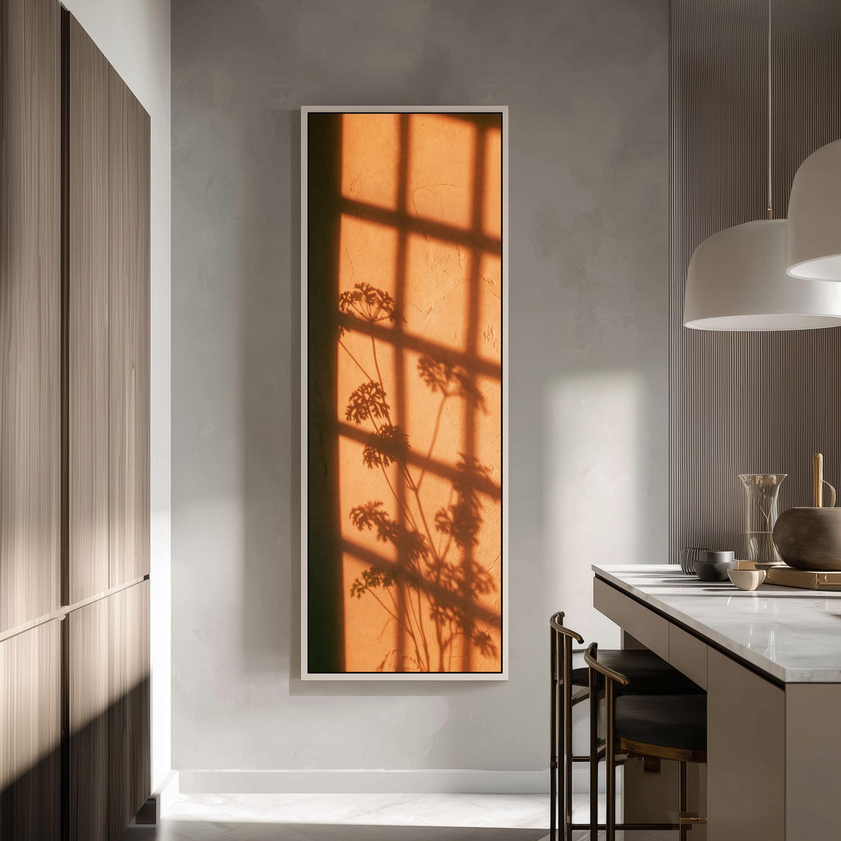 Window grid and plant shadow on a terracotta wall tall skinny canvas print in a modern kitchen