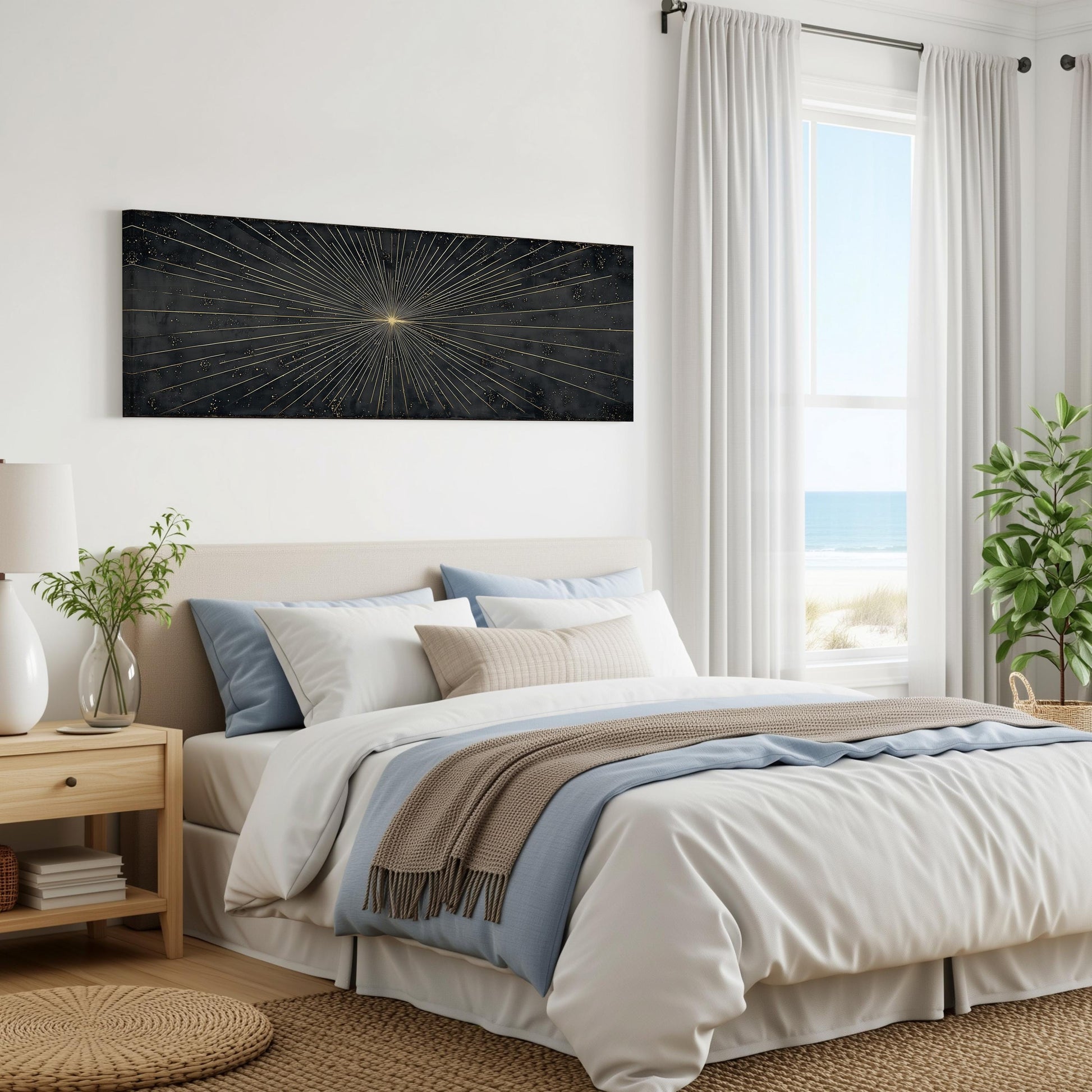 a serene and modern bedroom with a large bed, a nightstand, and a large window overlooking the ocean. The room has a minimalist and clean design, with white walls and a neutral color palette.