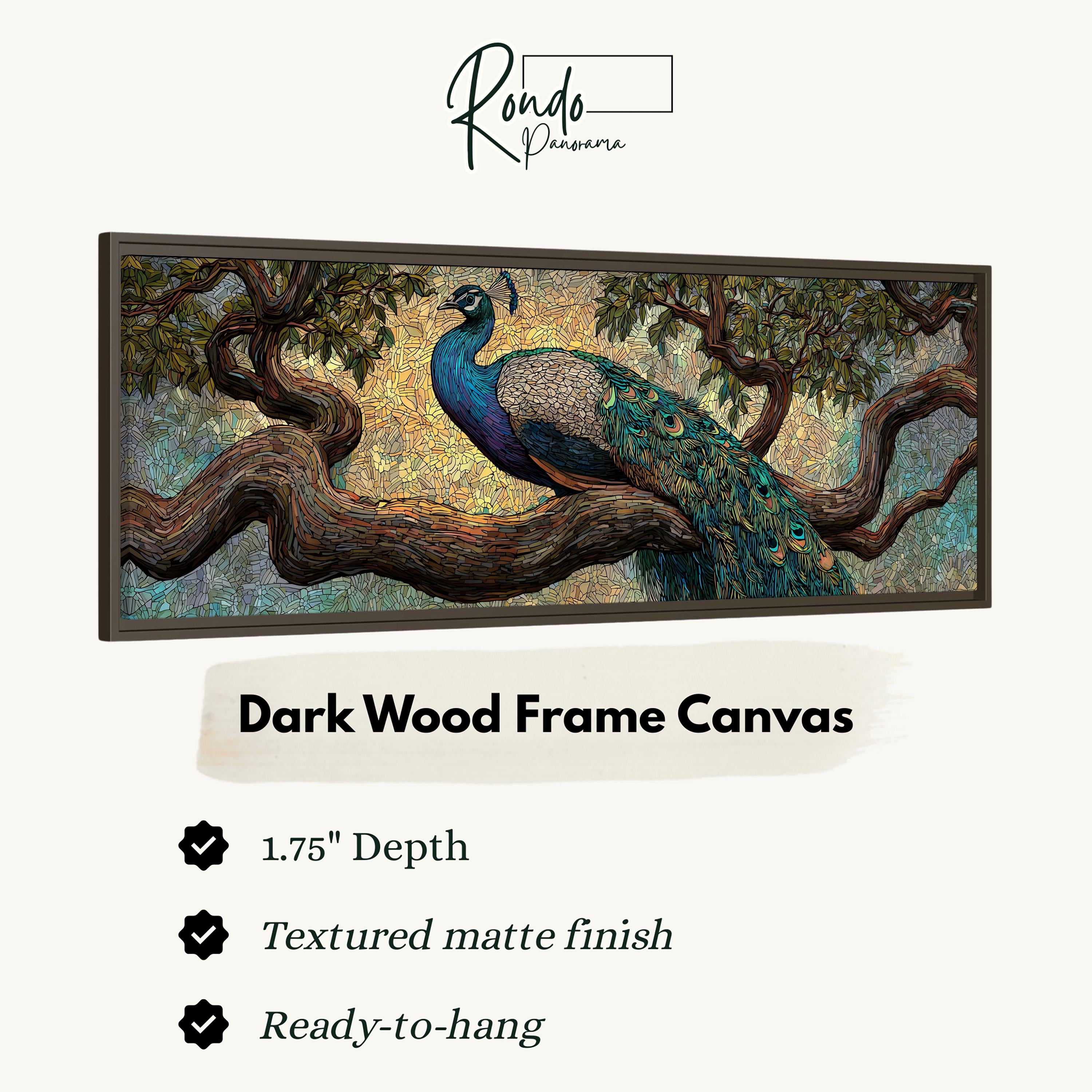 The image is a framed painting of a peacock perched on a tree branch.