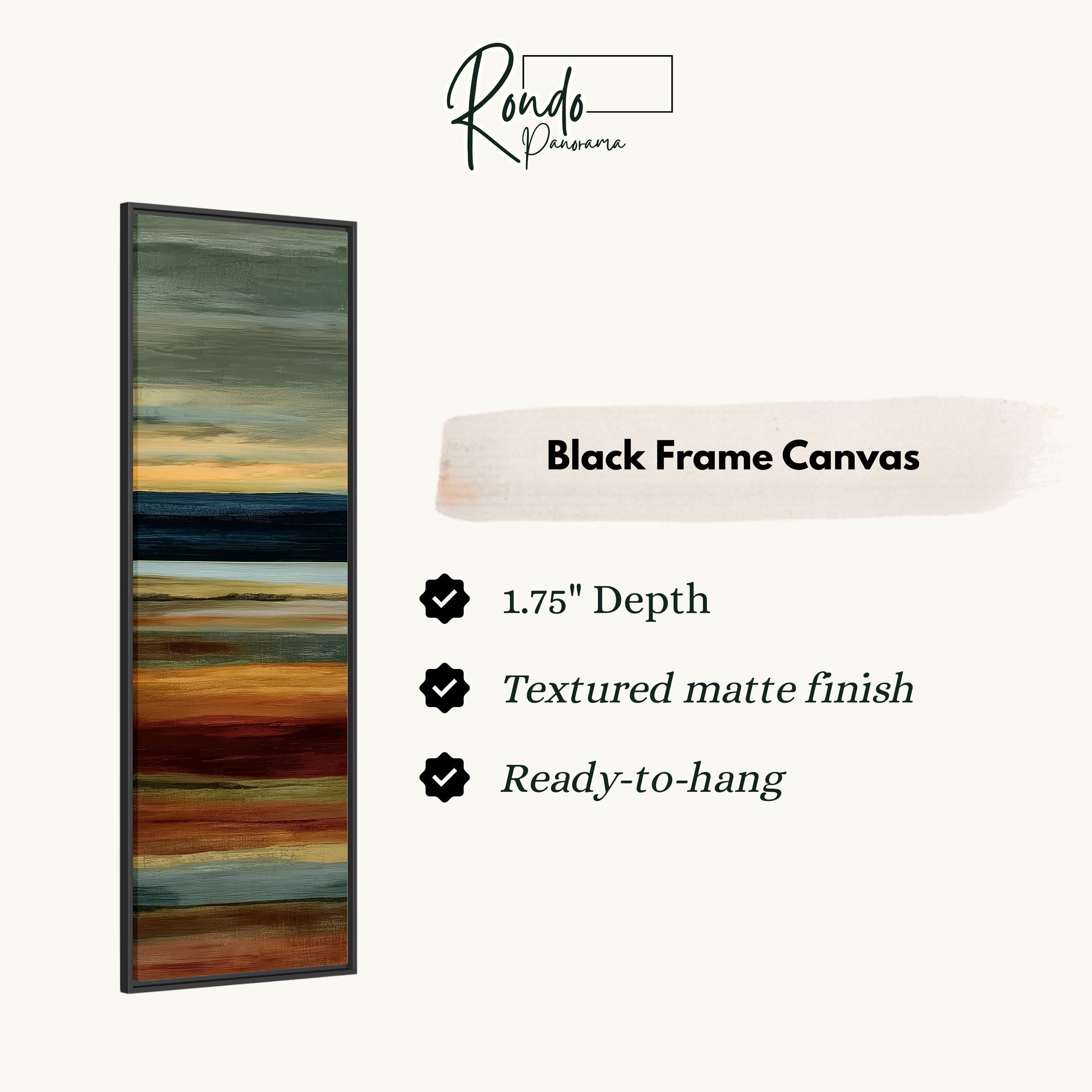 The image is a product description for a black frame canvas. It features a vertical painting with a gradient of colors, and provides details about the product, including its dimensions, finish, and hanging capabilities.