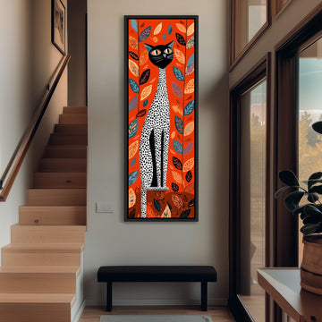 a large, colorful painting of a cat hanging on the wall of a hallway.