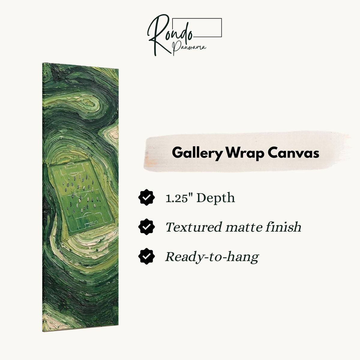 Aerial soccer field surrounded by swirling green gallery wrap canvas with the image wrapped around the edges
