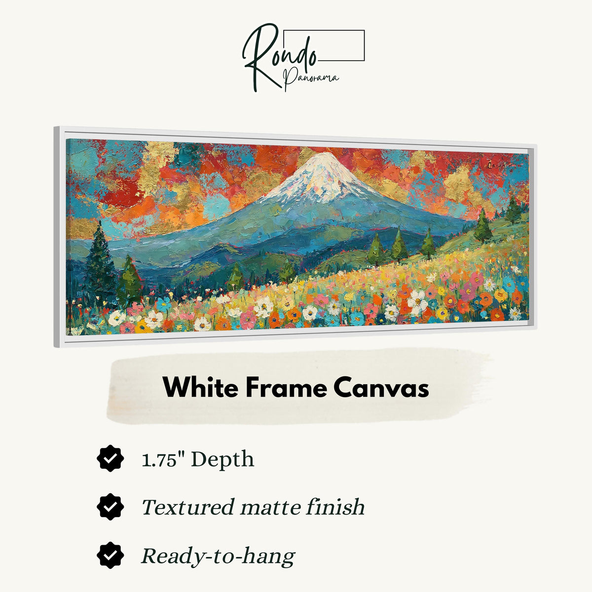 Mount Fuji under a red and gold sunset sky canvas print in a white floating frame