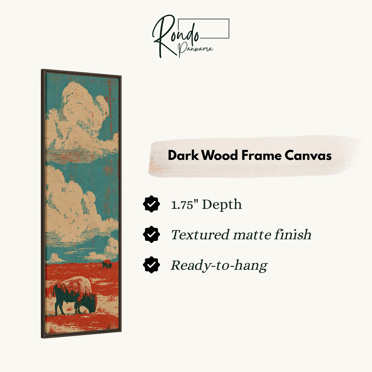 Bison on a red prairie under clouds canvas print in a dark wood floating frame