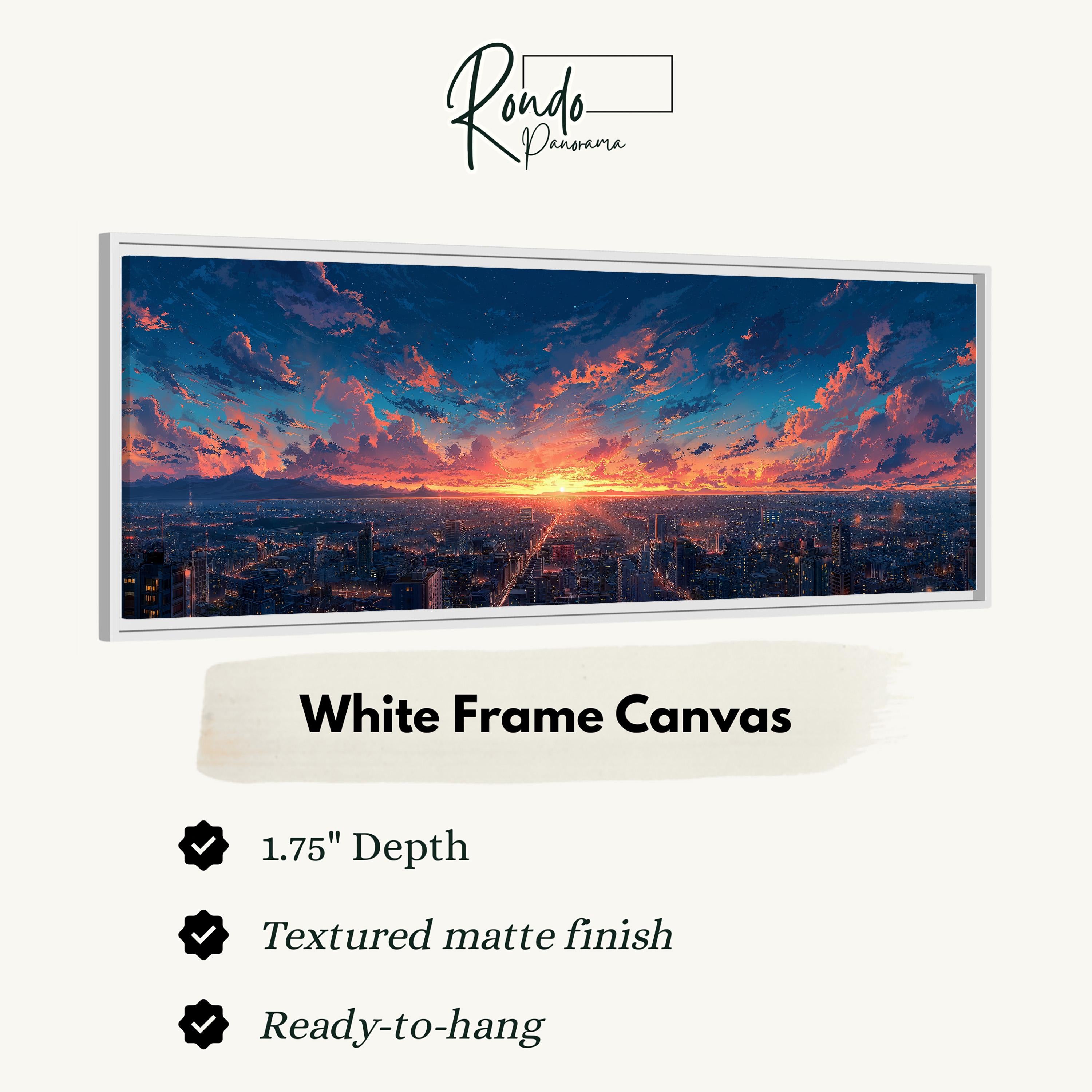 A white frame canvas depicting a cityscape at sunset with a vibrant sky filled with clouds and the sun setting over the horizon.