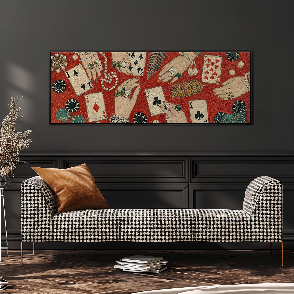 Playing cards, chips and jeweled hands long horizontal canvas print above a dining table