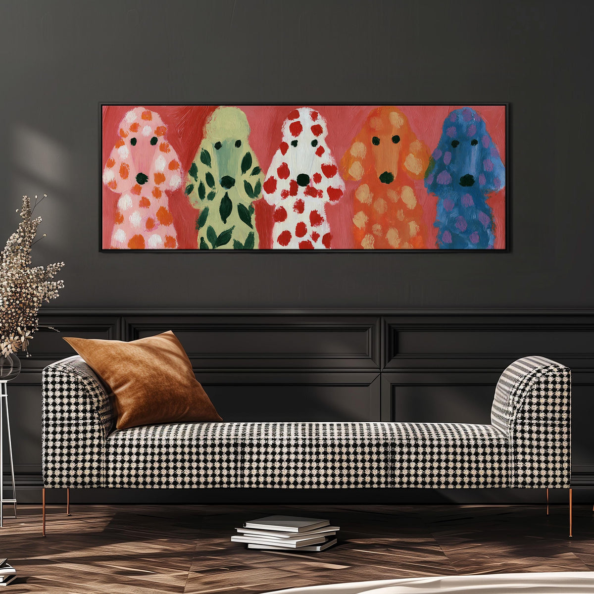 Five colorful poodles wide panoramic canvas print above a bench in a dark living room