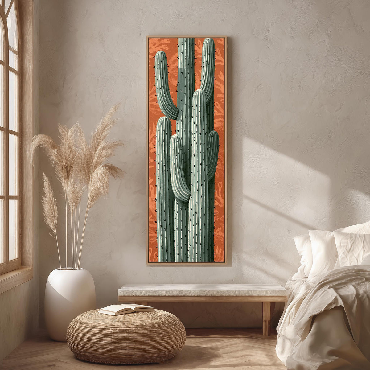 Saguaro cactus on a patterned terracotta background long vertical canvas print in a bright reading corner