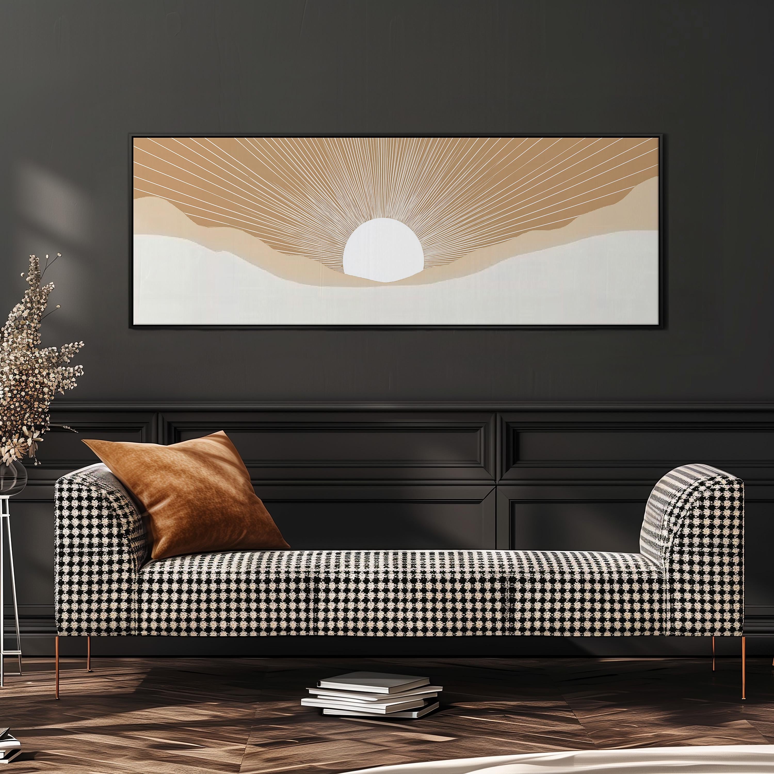 a modern living room with a black and white checkered sofa, a large abstract painting on the wall, and a stack of books on the floor.