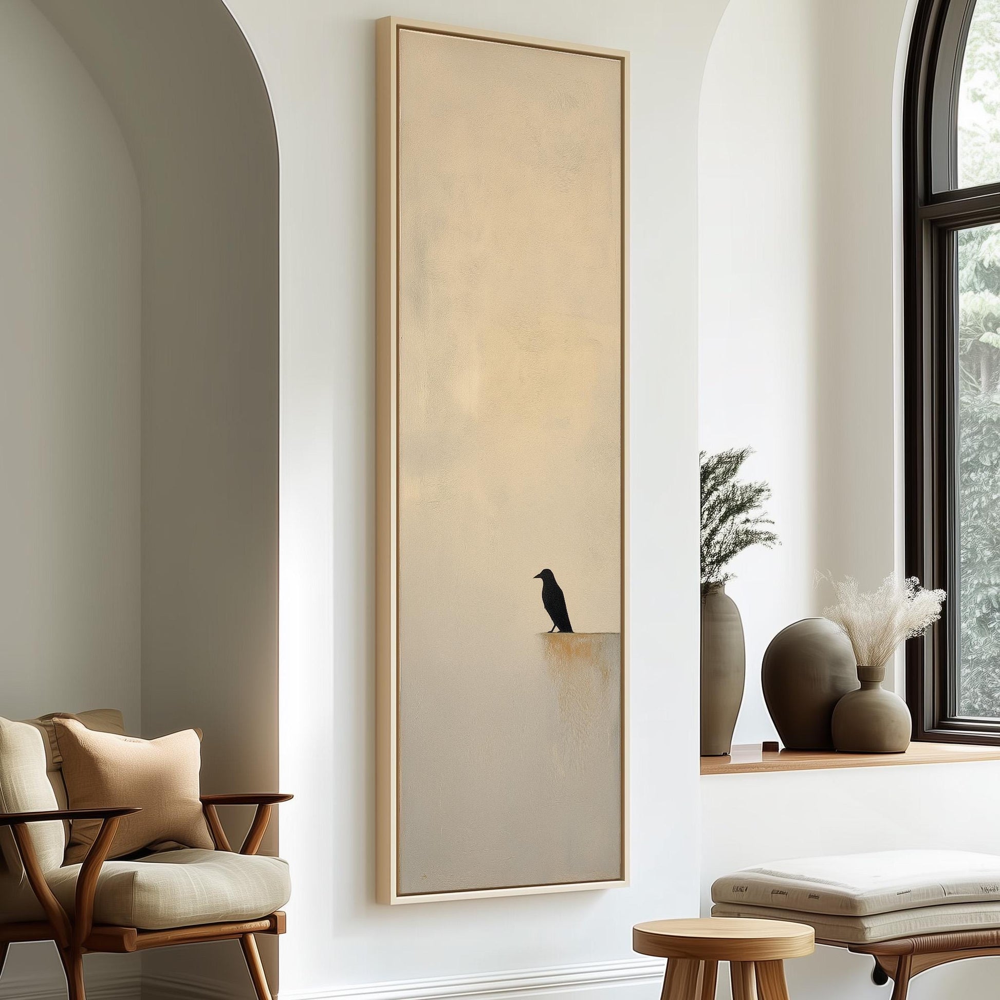 a minimalist living room with a large painting of a bird on the wall, a wooden chair, a small table, and a window with a plant on the sill.