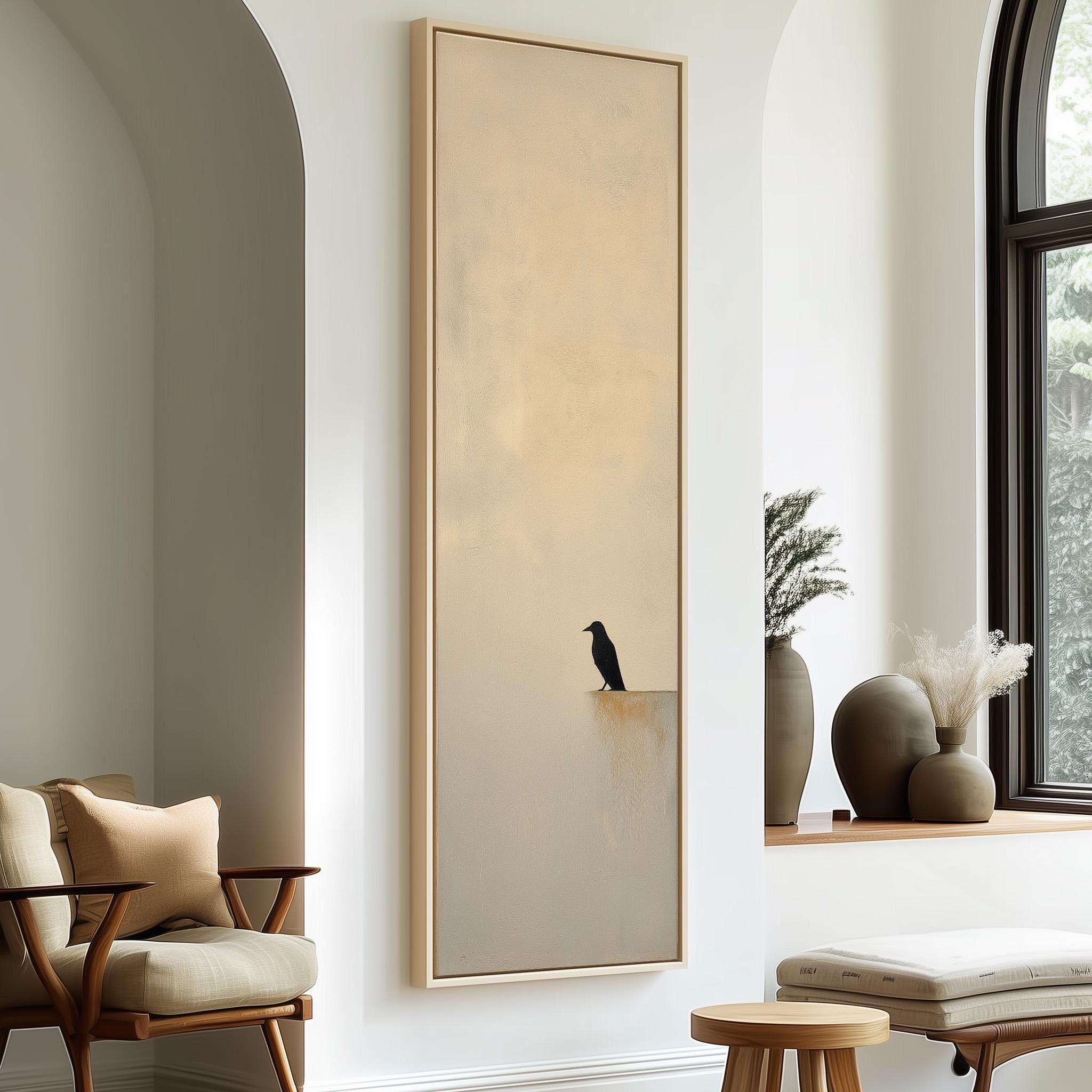 a minimalist living room with a large painting of a bird on the wall, a wooden chair, a small table, and a window with a plant on the sill.