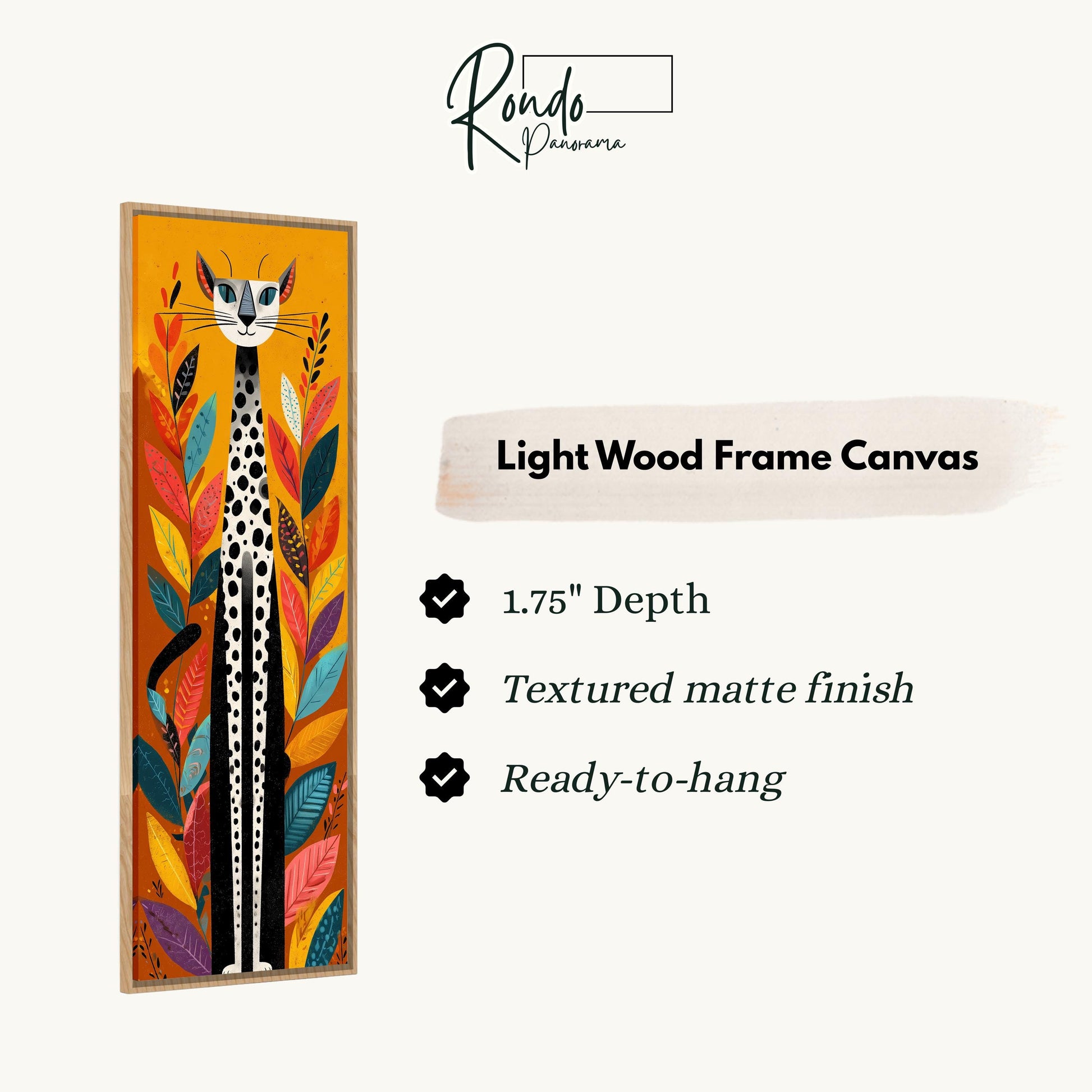 The image is a light wood frame canvas featuring a giraffe surrounded by colorful leaves and flowers.