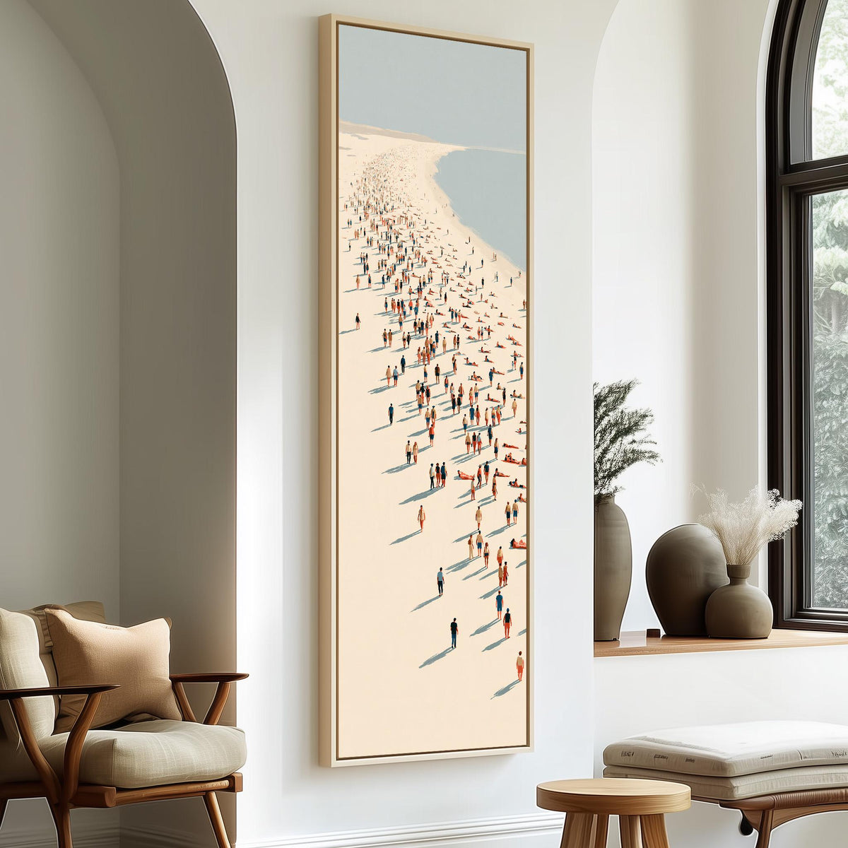 Beach walkers along a diagonal shoreline long vertical canvas print in a sunlit living space