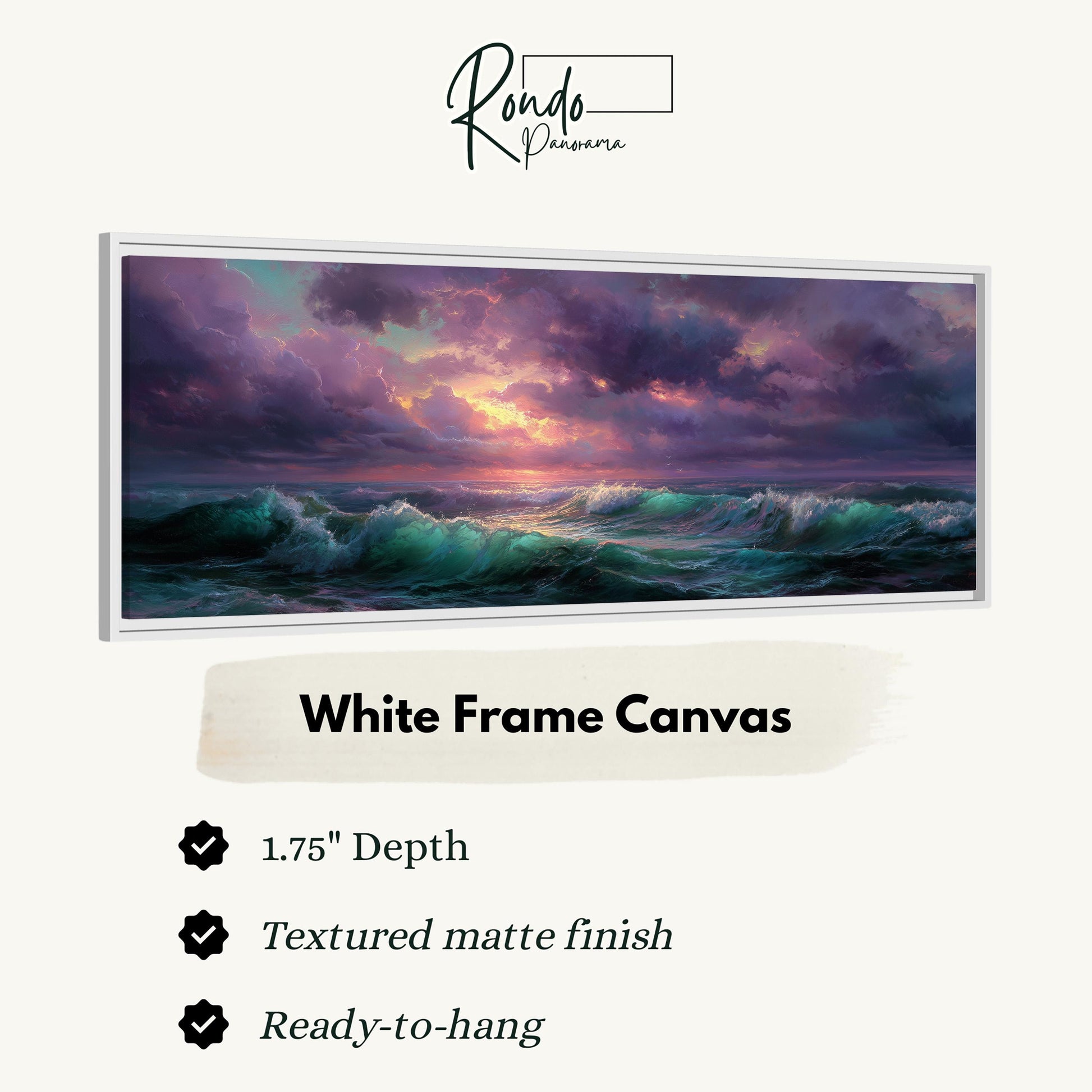 The image is a white frame canvas depicting a seascape with a dramatic sunset over the ocean.