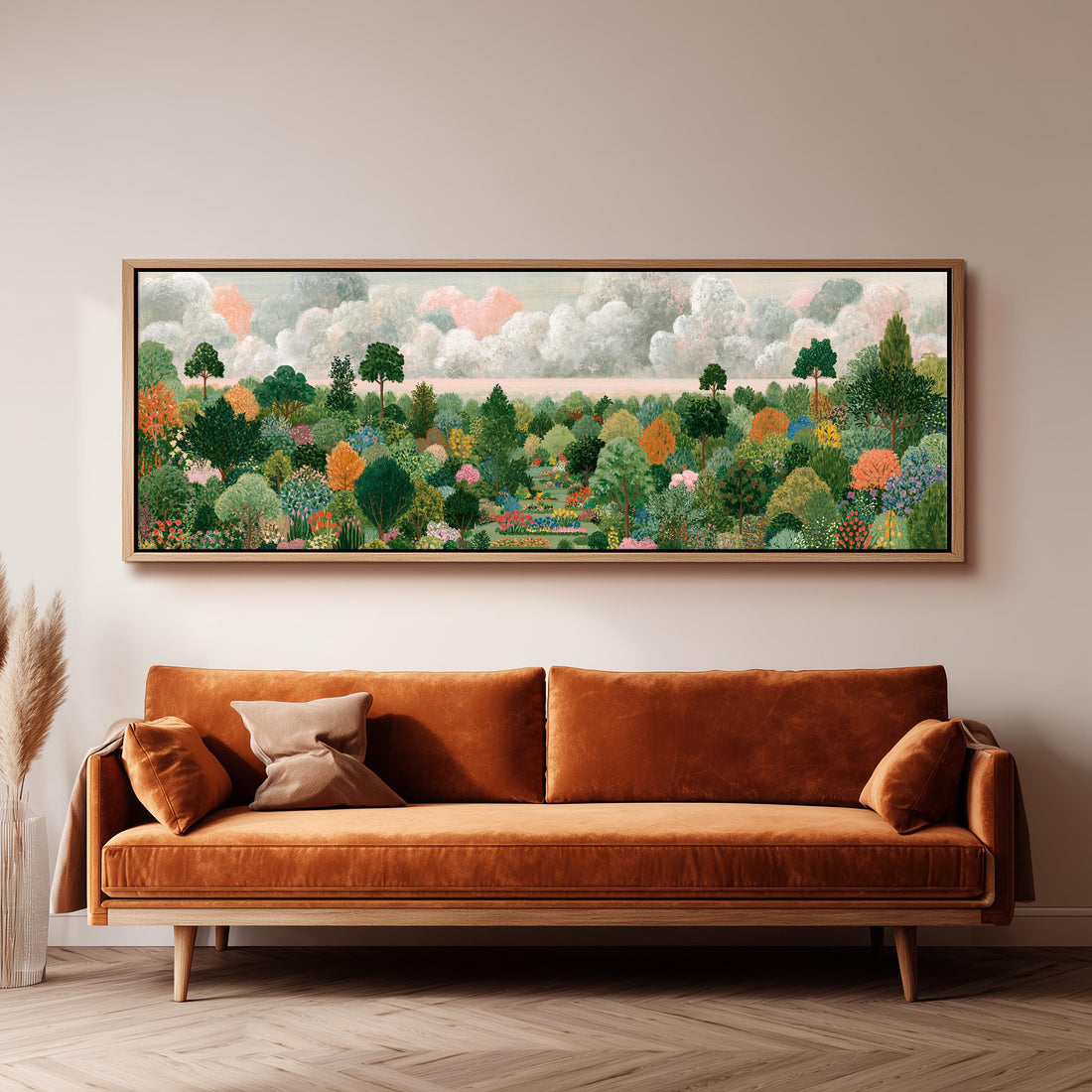 Folk art valley of patterned treetops long horizontal canvas print above a sofa in a living room
