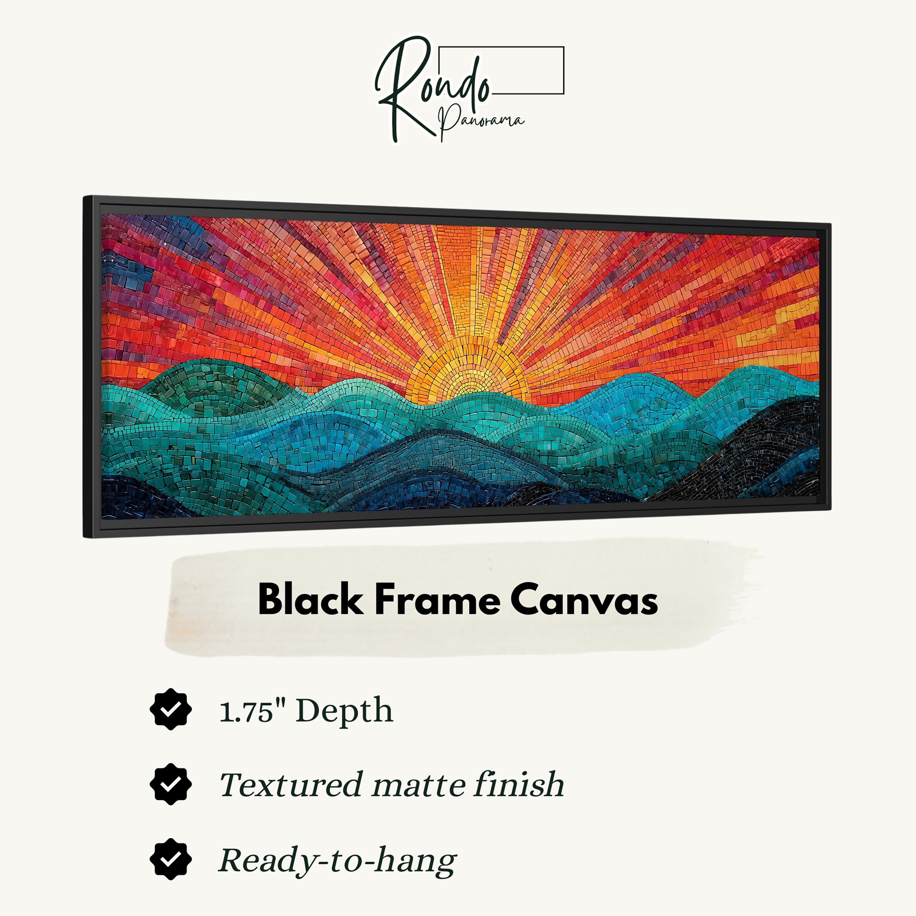 The image is a black frame canvas depicting a vibrant landscape with a sunburst pattern.