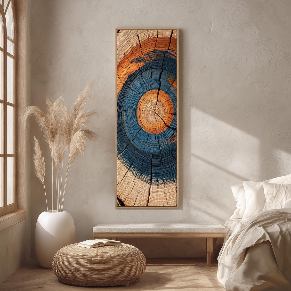 Blue and orange tree ring long vertical canvas print in a bright reading corner