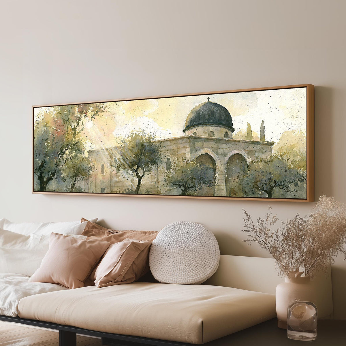 Sunlit dome in an olive grove long horizontal canvas print above a sofa in a living room