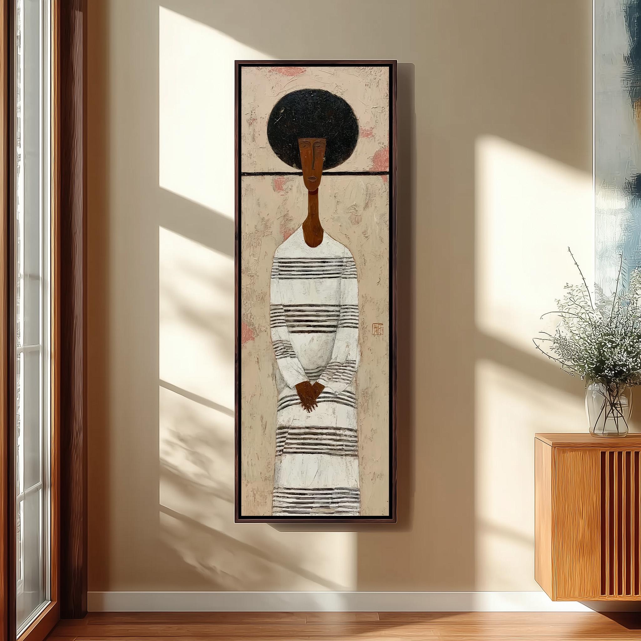 a framed painting of a woman with a black afro hairstyle, wearing a striped dress, hanging on a wall in a room with a wooden cabinet and a vase of flowers.