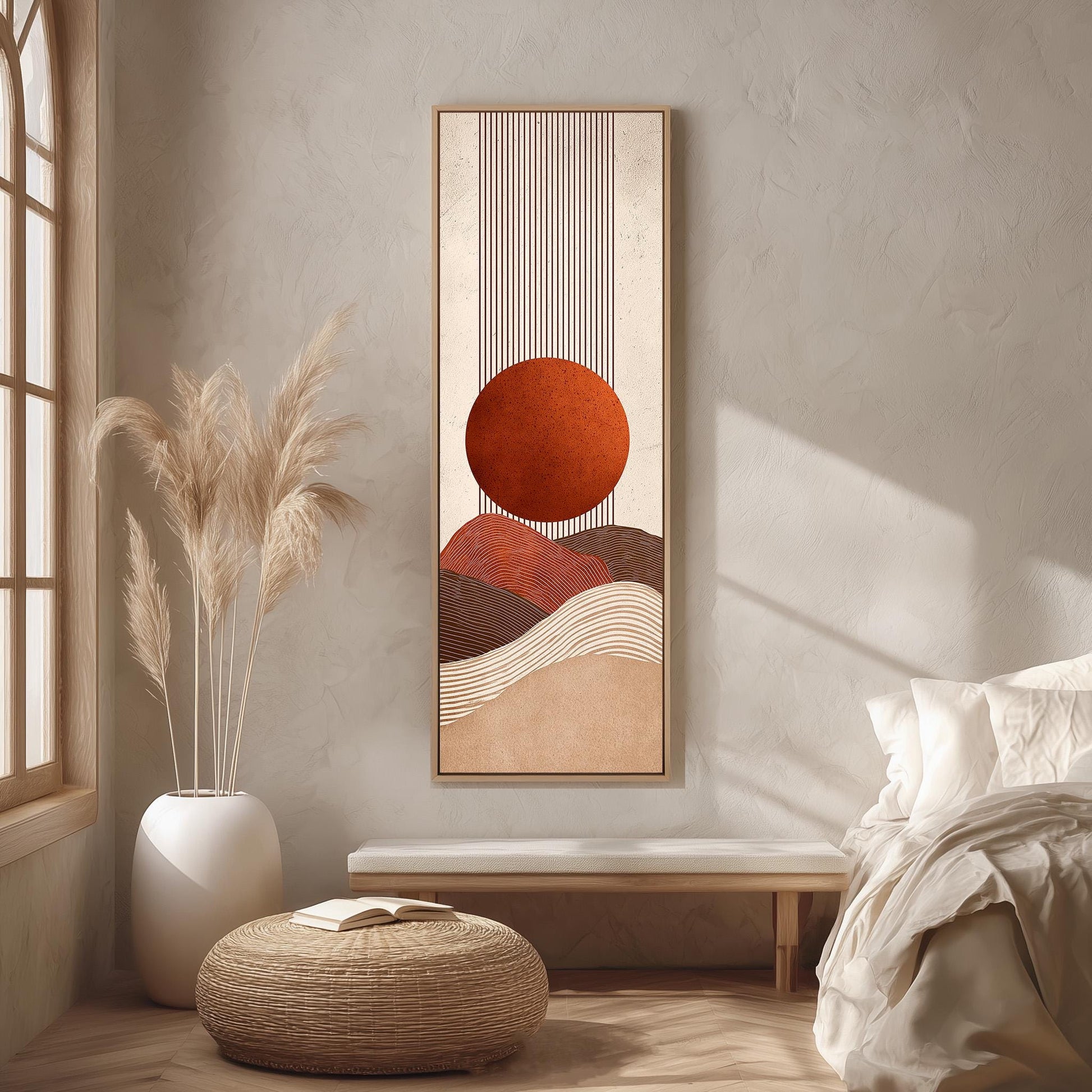 a serene and minimalist bedroom interior with a large abstract painting hanging on the wall, a white bed with a white pillow, a white ottoman, and a potted plant.