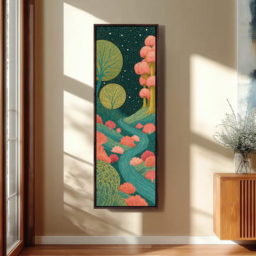 Moonlit path through blossom trees long vertical canvas print in a sunlit living space