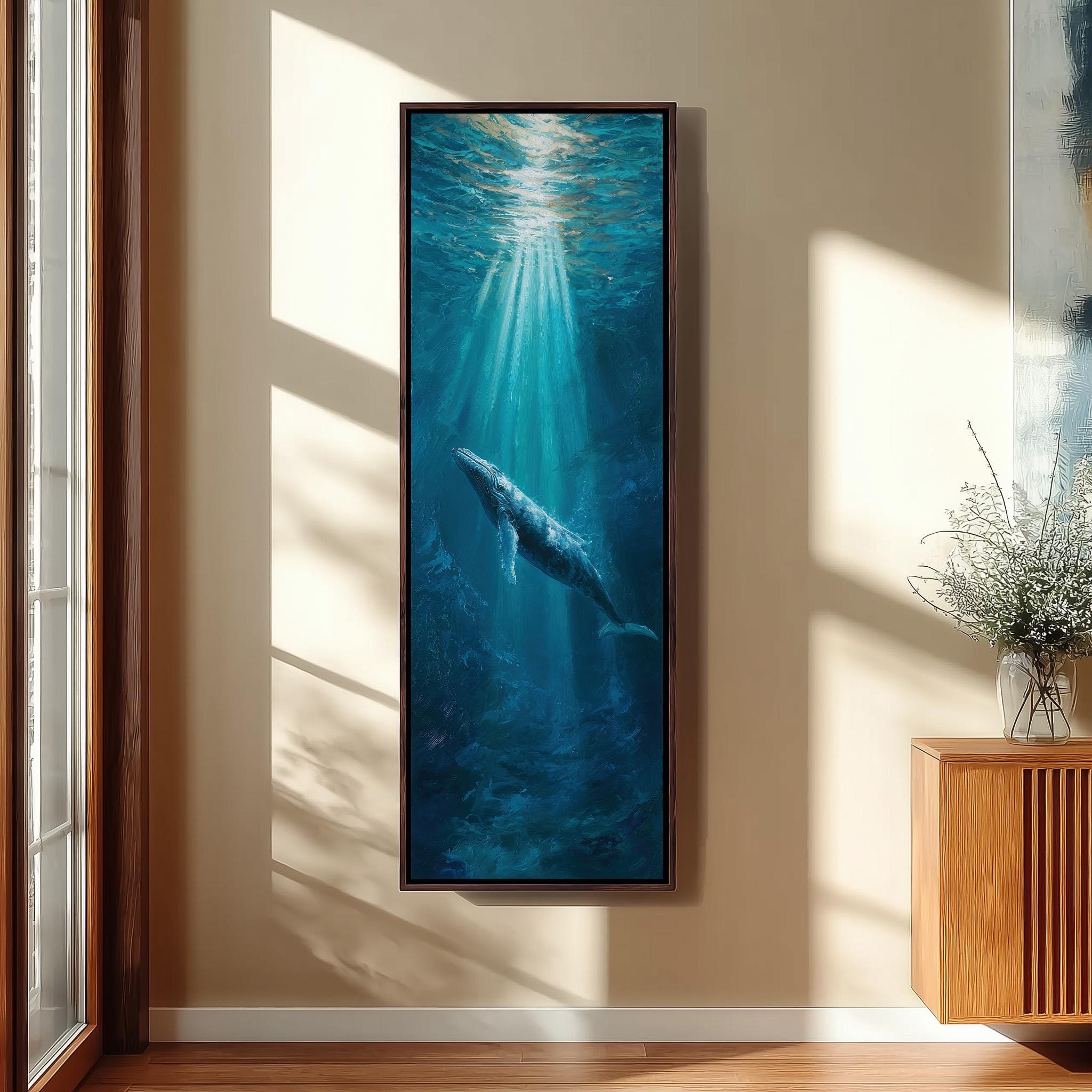 a large painting of a whale swimming in the ocean, with sunlight shining down on it.