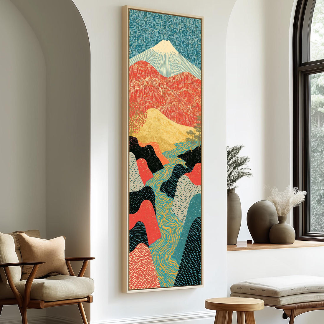 Mount Fuji above a winding river valley long vertical canvas print in a sunlit living space