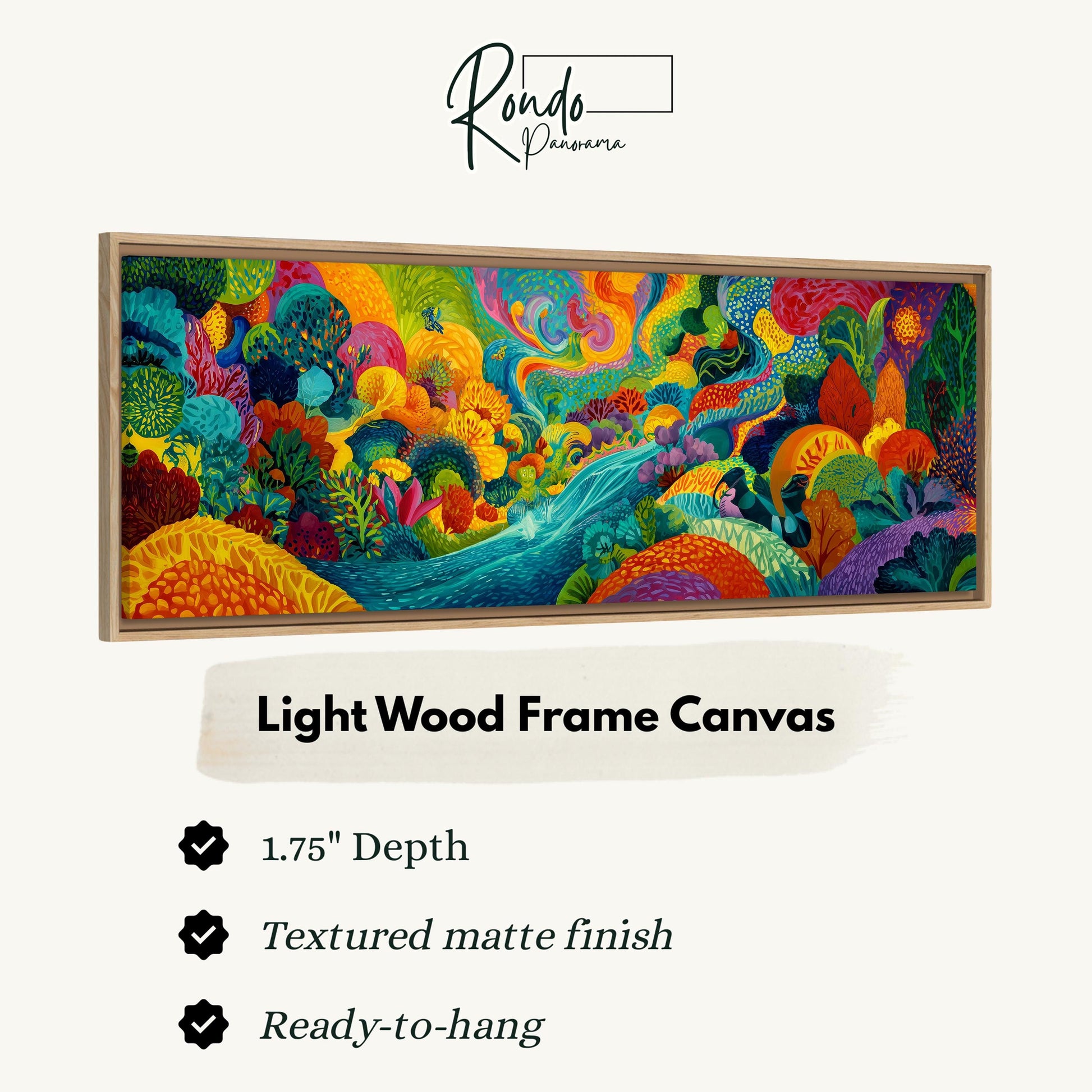 The image is a vibrant, colorful painting of a lush, tropical landscape, featuring a variety of flora and fauna. The painting is framed in a light wood frame, which complements the overall aesthetic. The frame has a 1.75" depth, a textured matte finish, and is ready to hang.