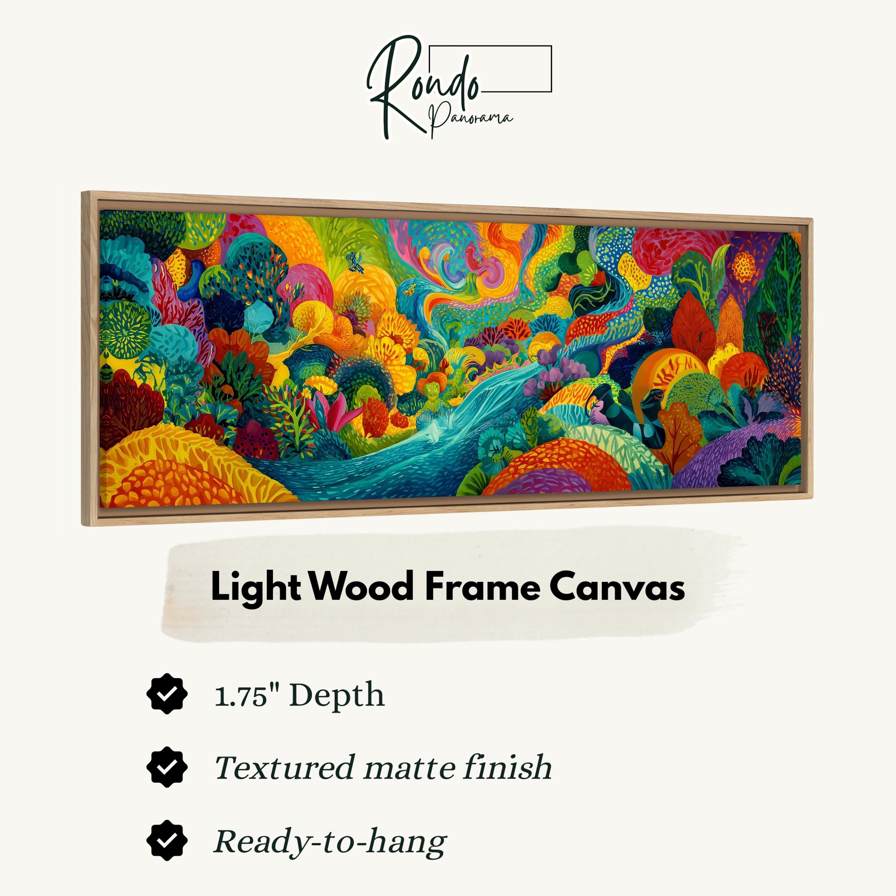 The image is a vibrant, colorful painting of a lush, tropical landscape, featuring a variety of flora and fauna. The painting is framed in a light wood frame, which complements the overall aesthetic. The frame has a 1.75" depth, a textured matte finish, and is ready to hang.