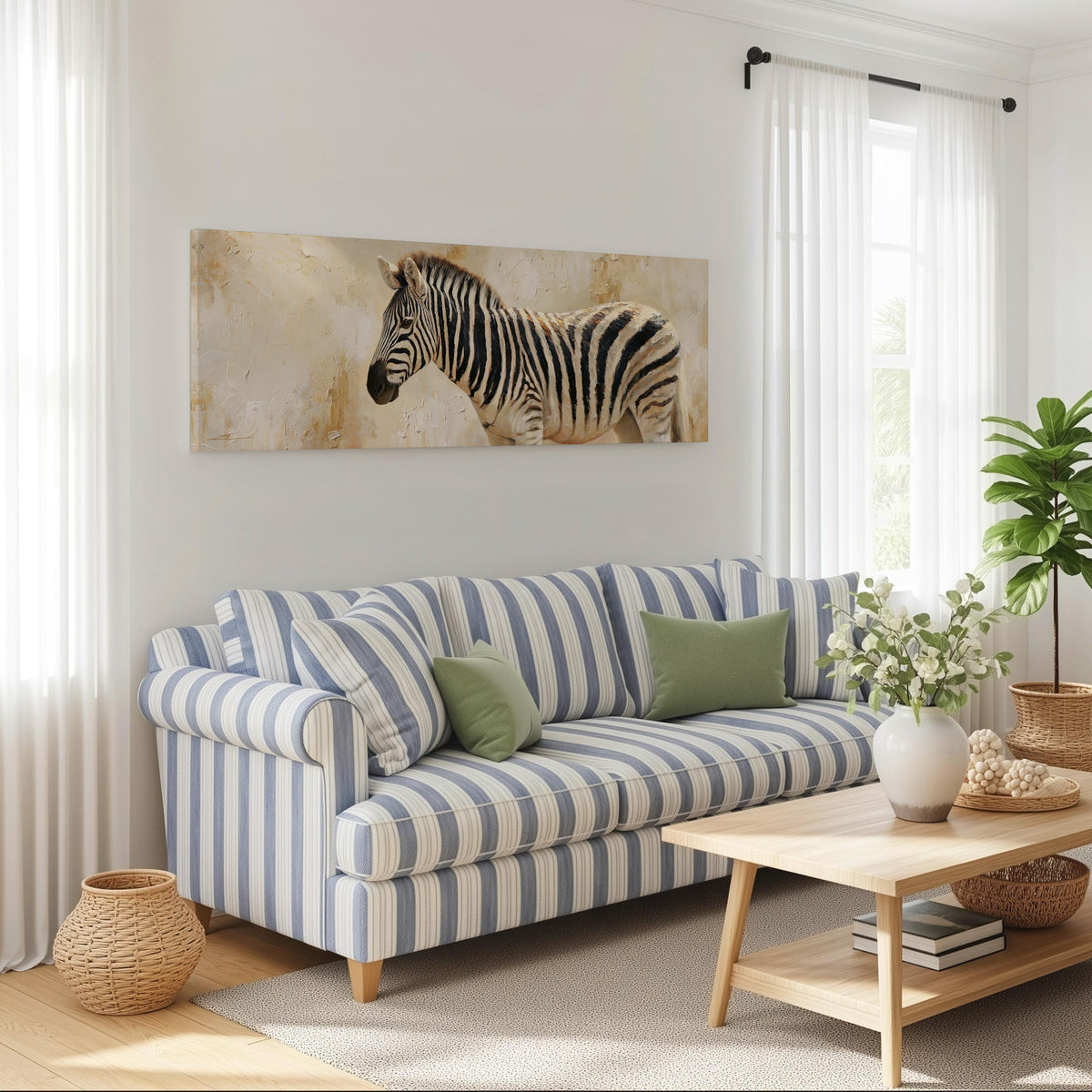 Zebra on a sandy textured background long horizontal canvas print above a striped sofa in a coastal living room