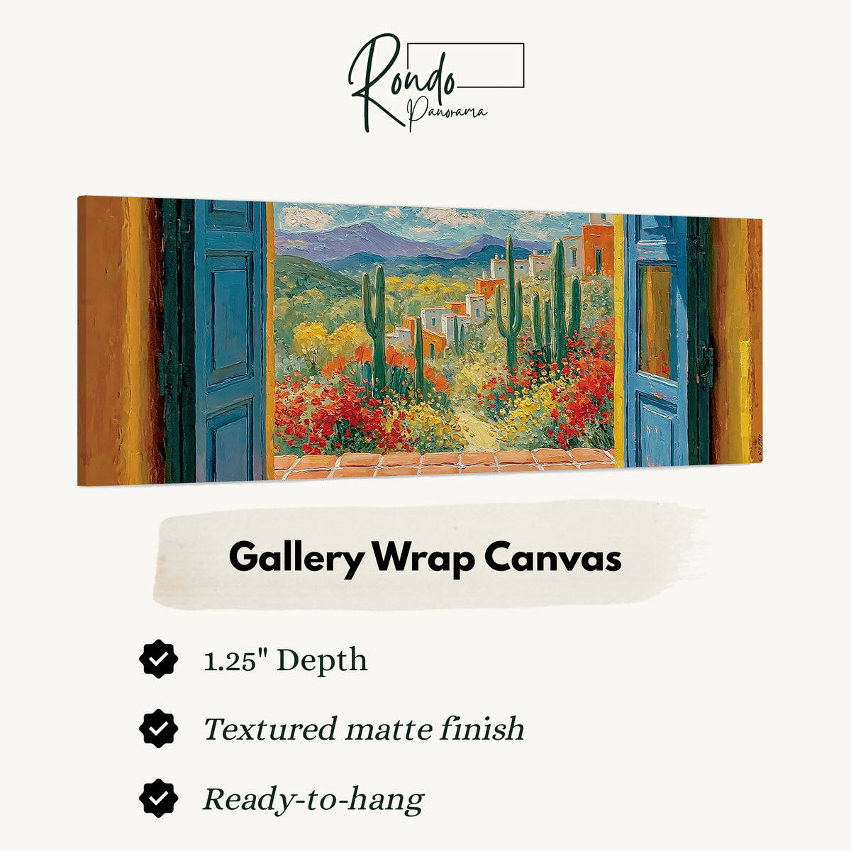 Cactus courtyard seen through blue doors gallery wrap canvas with the image wrapped around the edges