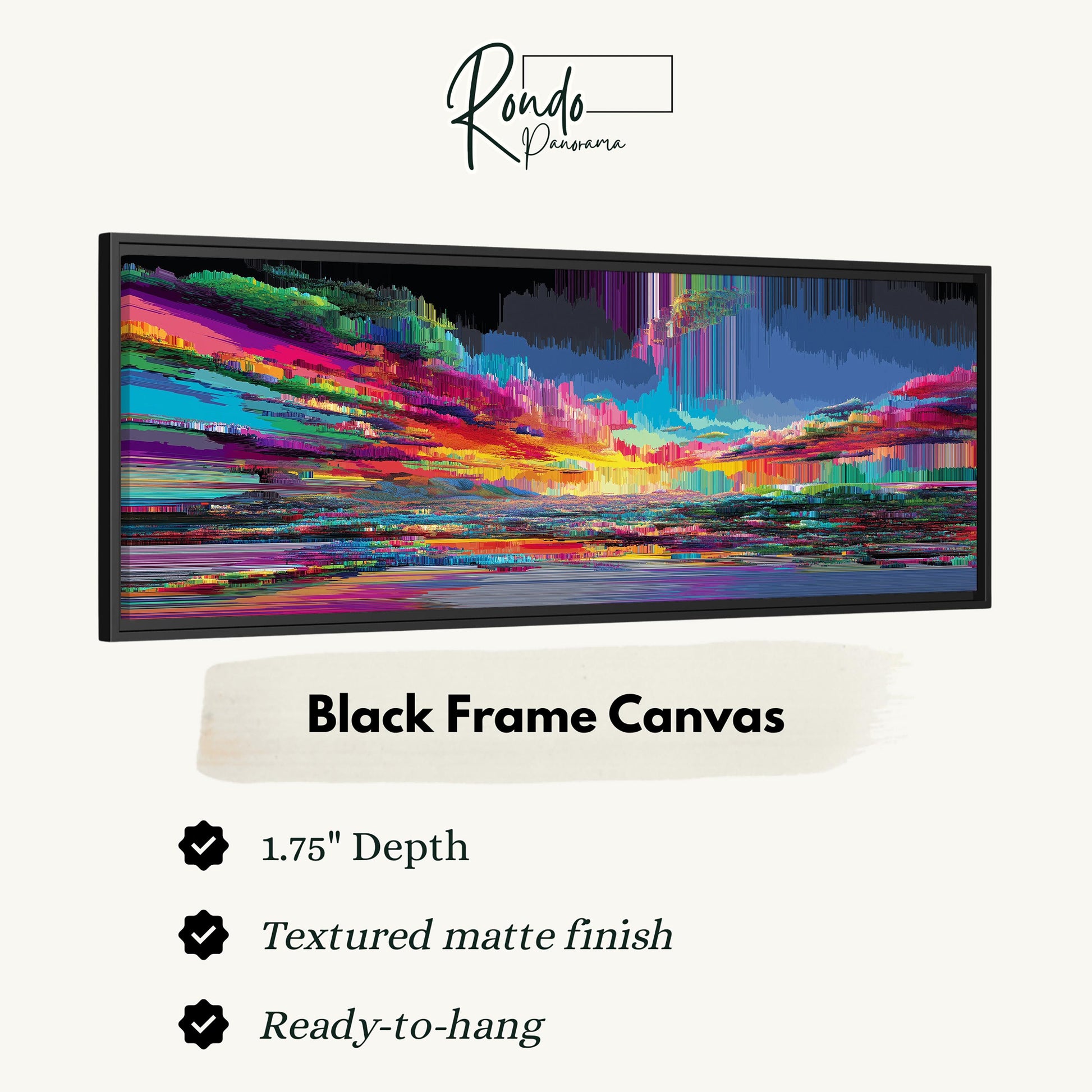 The image is a black frame canvas with a vibrant, colorful abstract painting depicting a sunset over a body of water.